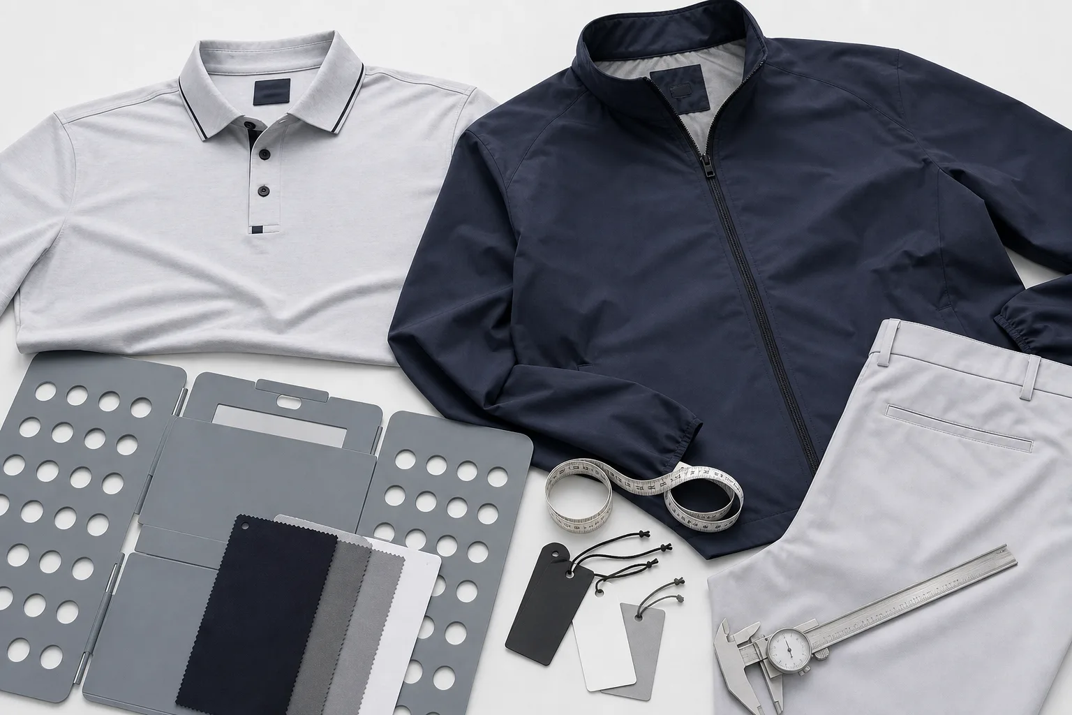 Golf apparel inspection tools and finished garments on a production table