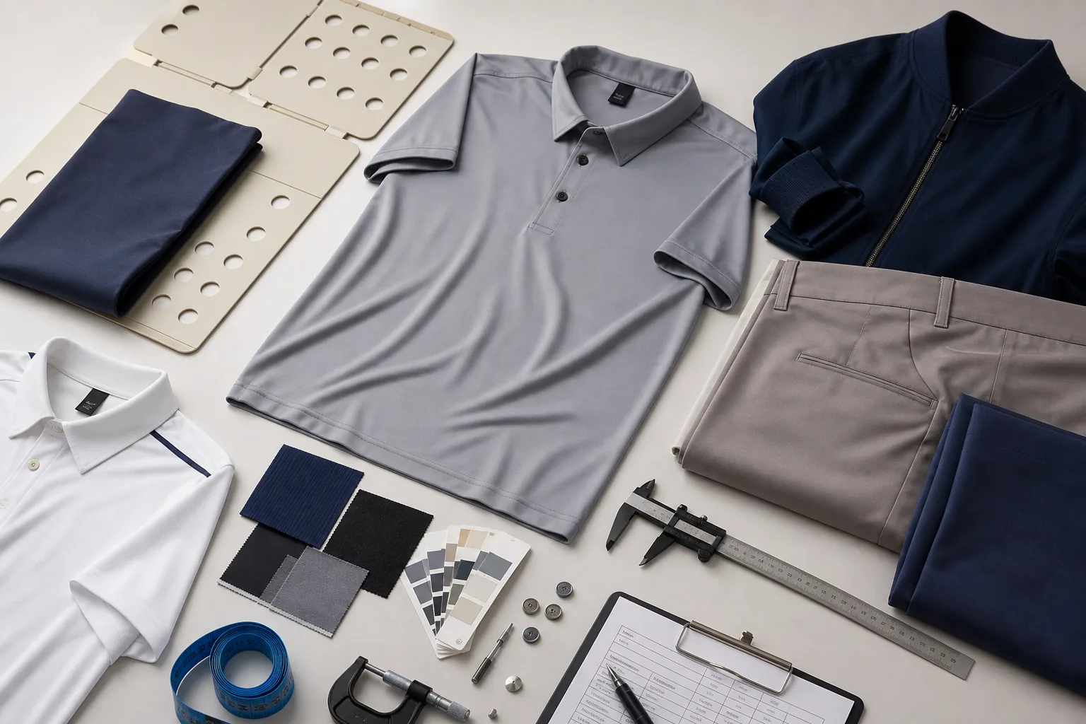 Golf apparel inspection tools and finished garments on a production table