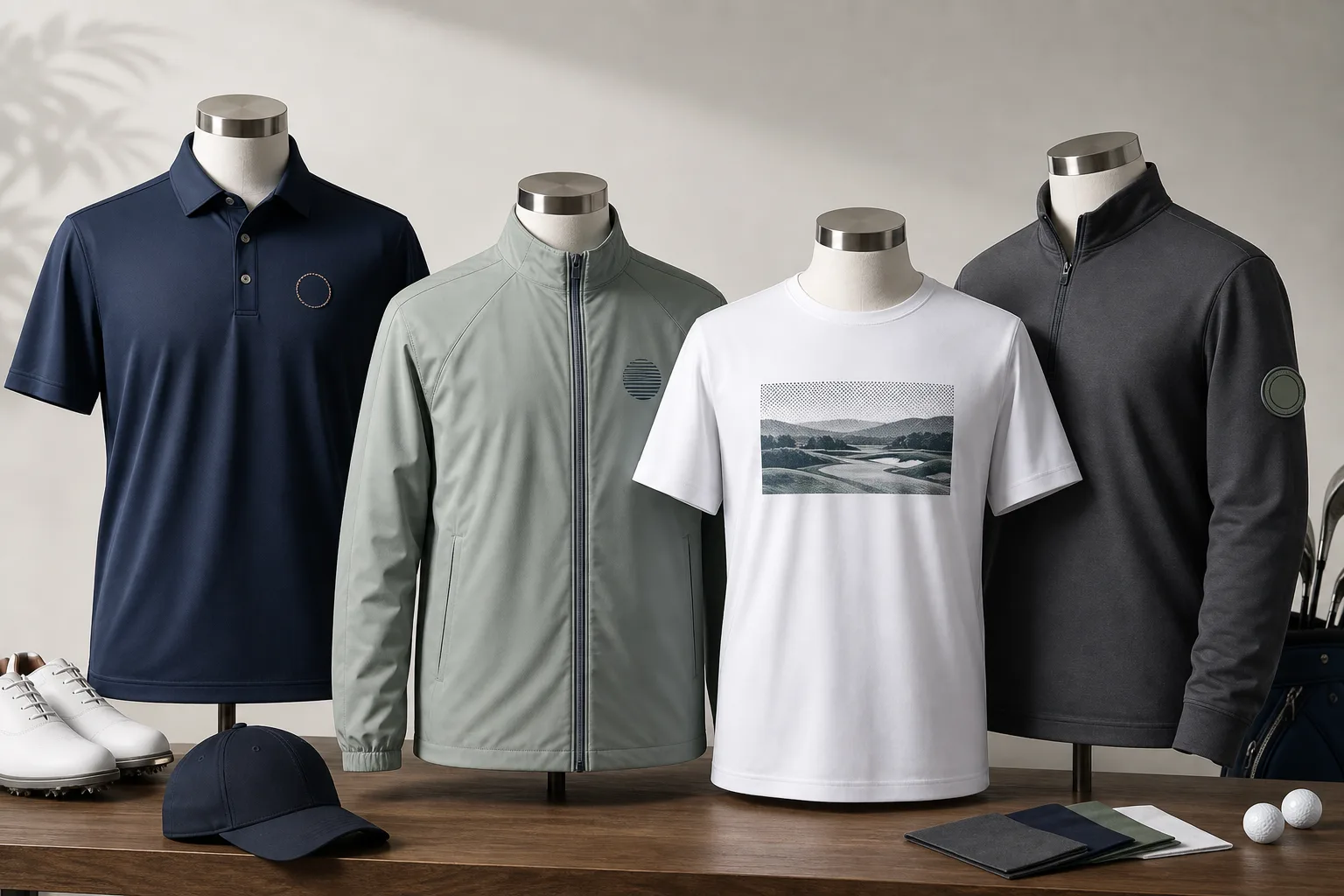 Custom golf garments showing embroidery, print, heat-applied logo, and patch decoration