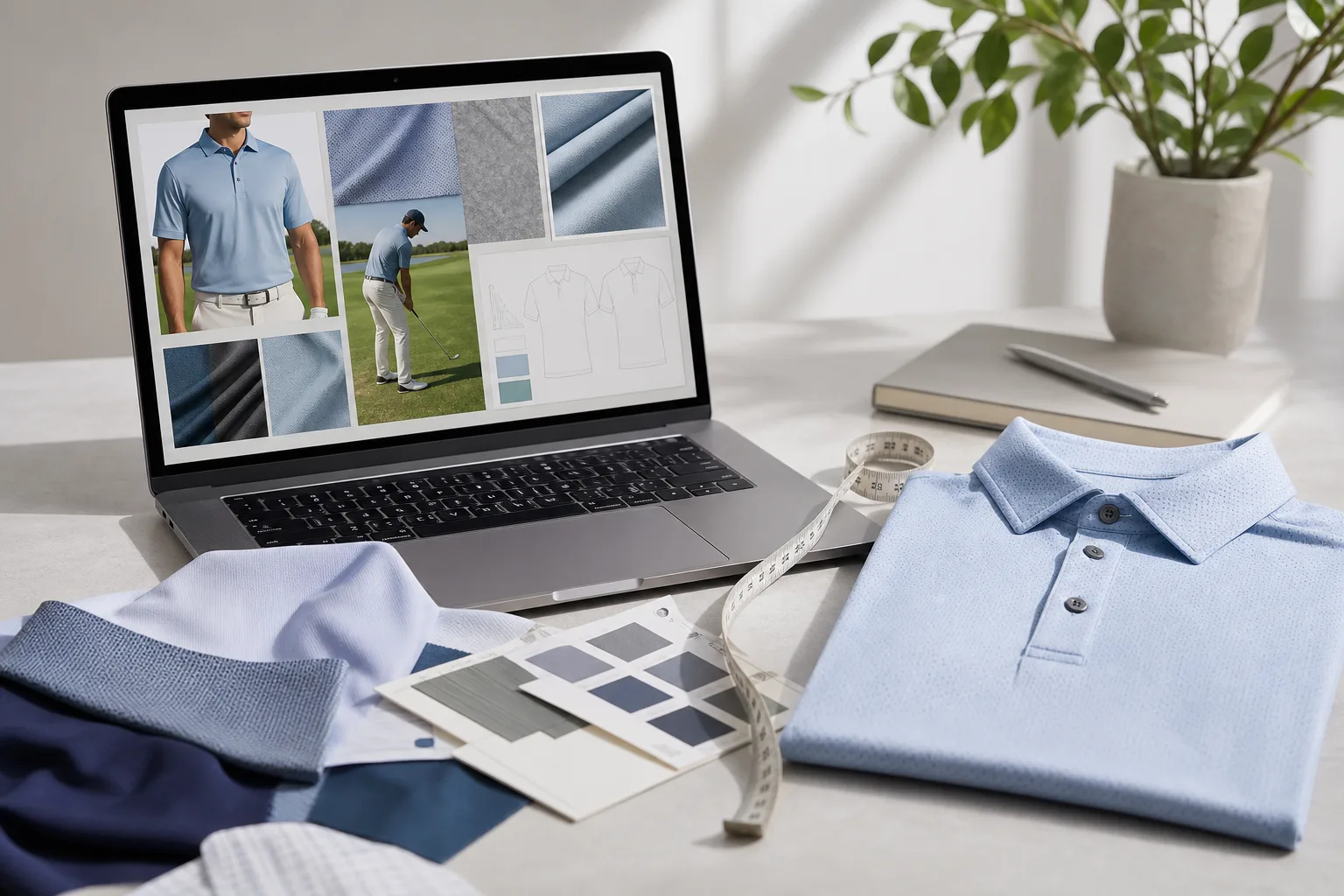 Golf apparel planning desk with fabric swatches and a polo sample