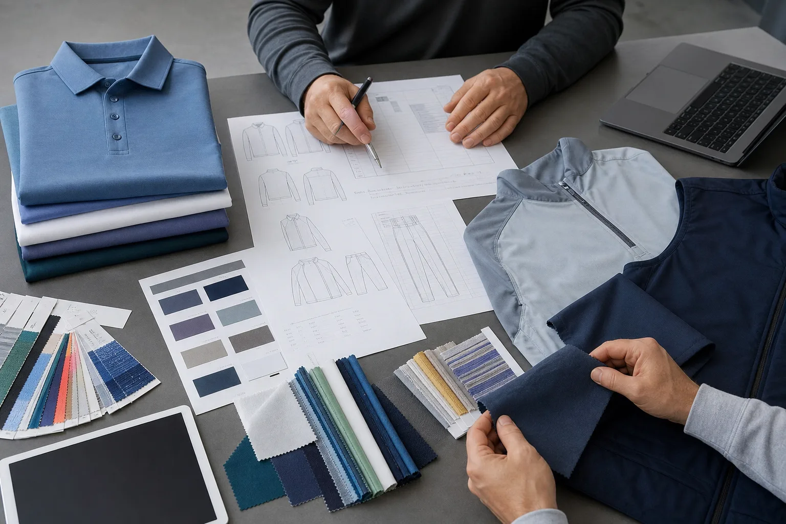 Golf apparel planning materials with samples, swatches, and artwork files