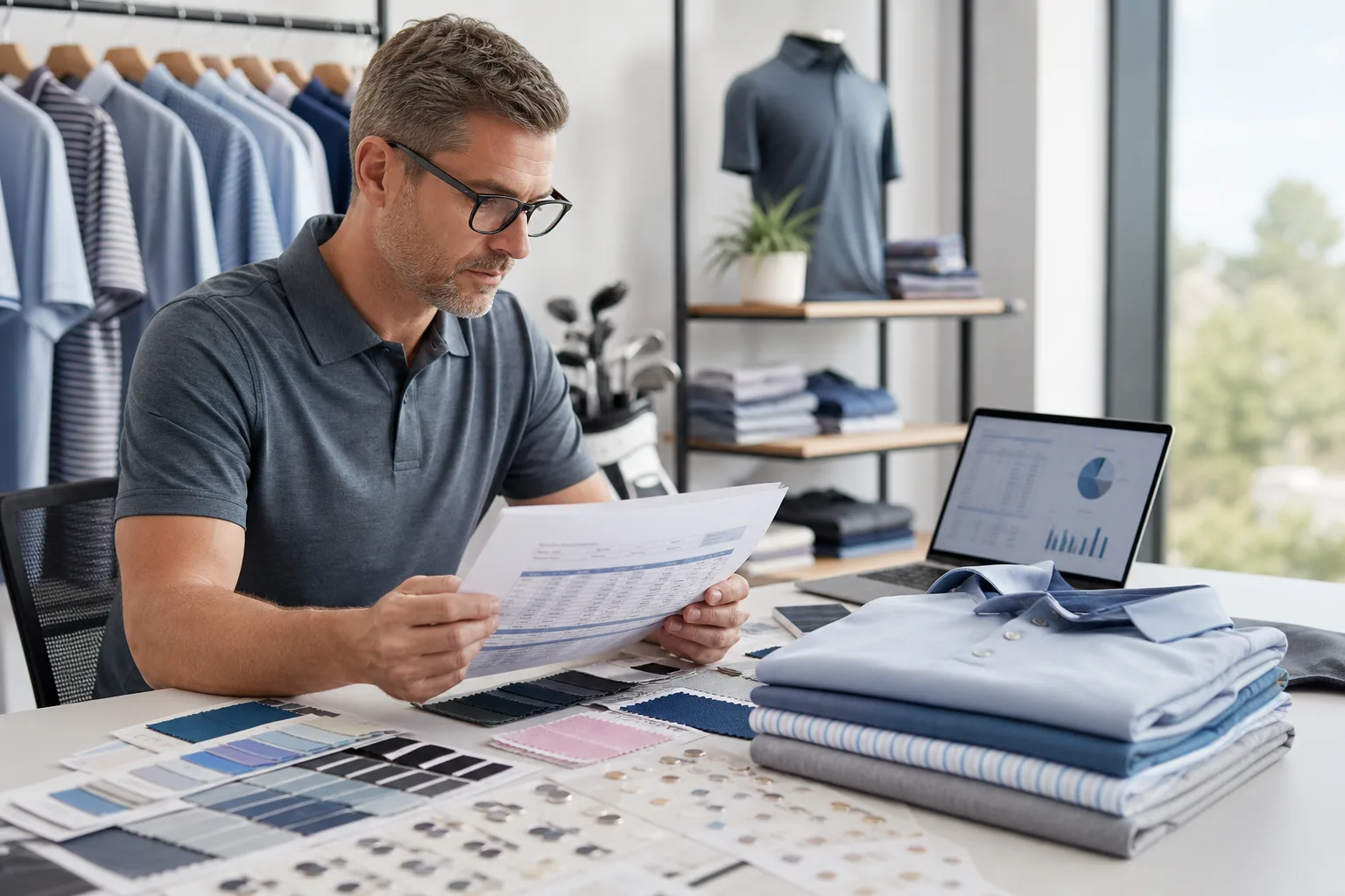 Merchandising manager reviewing golf apparel orders with swatches and size labels