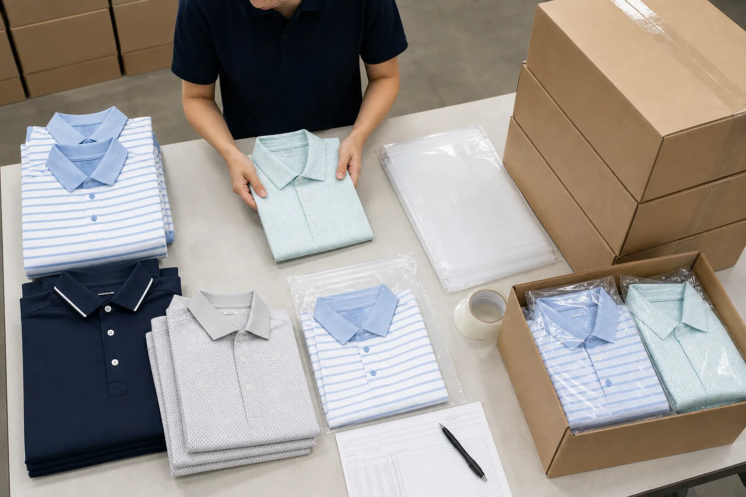 Golf apparel being packed with cartons, labels, and shipping paperwork