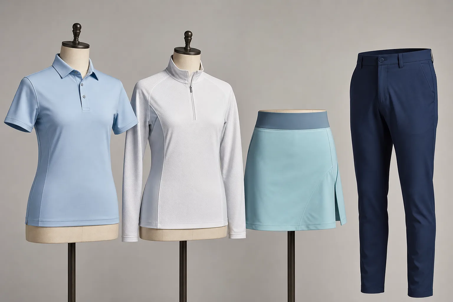 Golf polo, quarter-zip, skort, and pants showing pattern construction areas