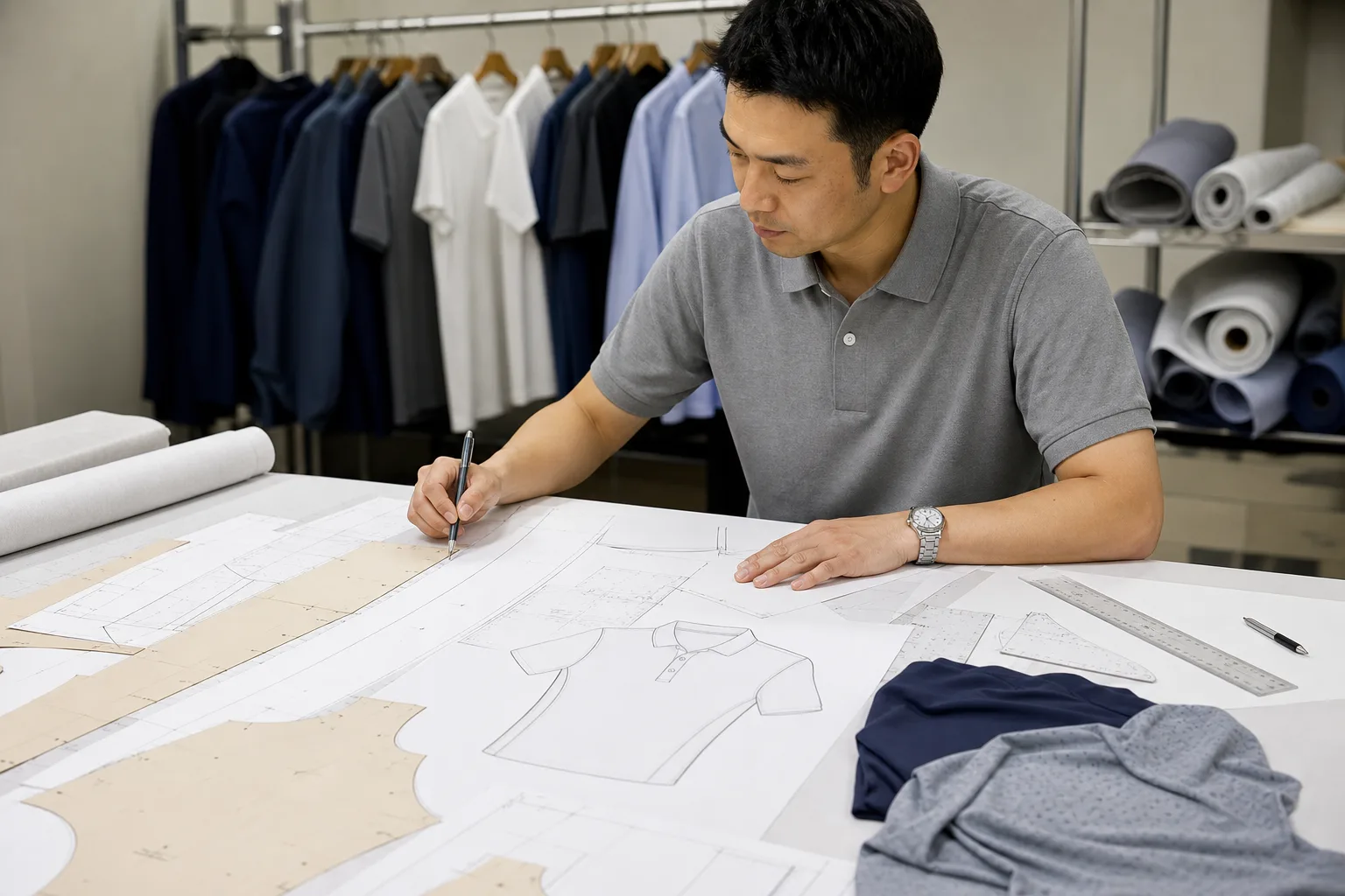 Pattern maker reviewing golf apparel pattern pieces and measurement notes
