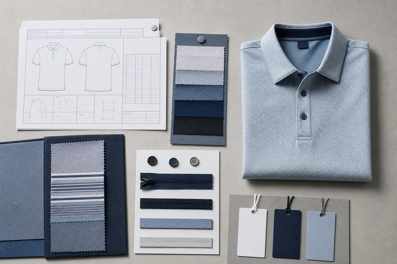 Golf apparel tech pack, fabric swatches, and reference garment flat lay