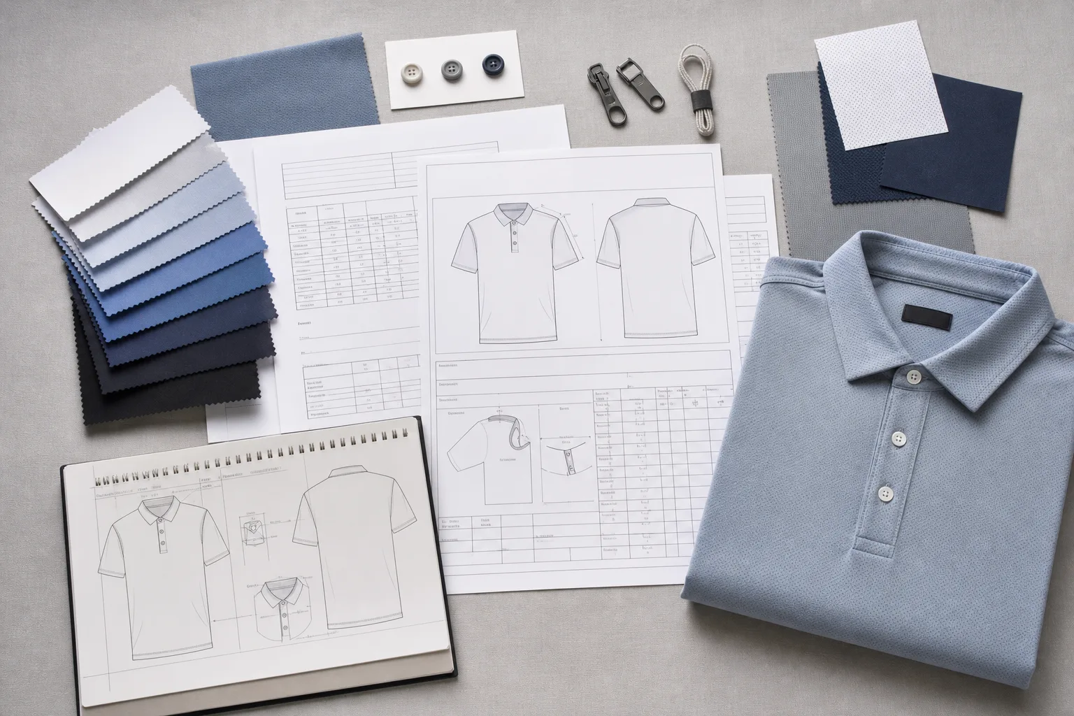 Golf apparel tech pack, fabric swatches, and reference garment flat lay