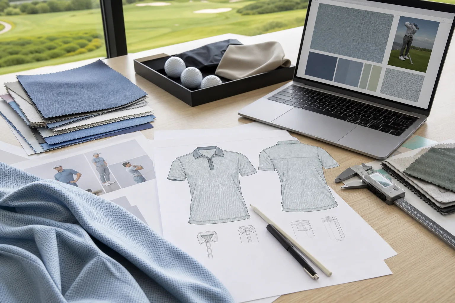 Golf apparel development brief with fabric swatches and sketch review