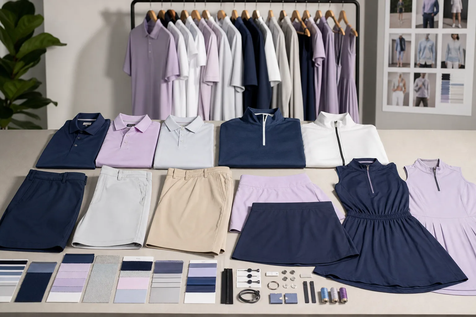 Coordinated golf apparel range with garments, swatches, and trims