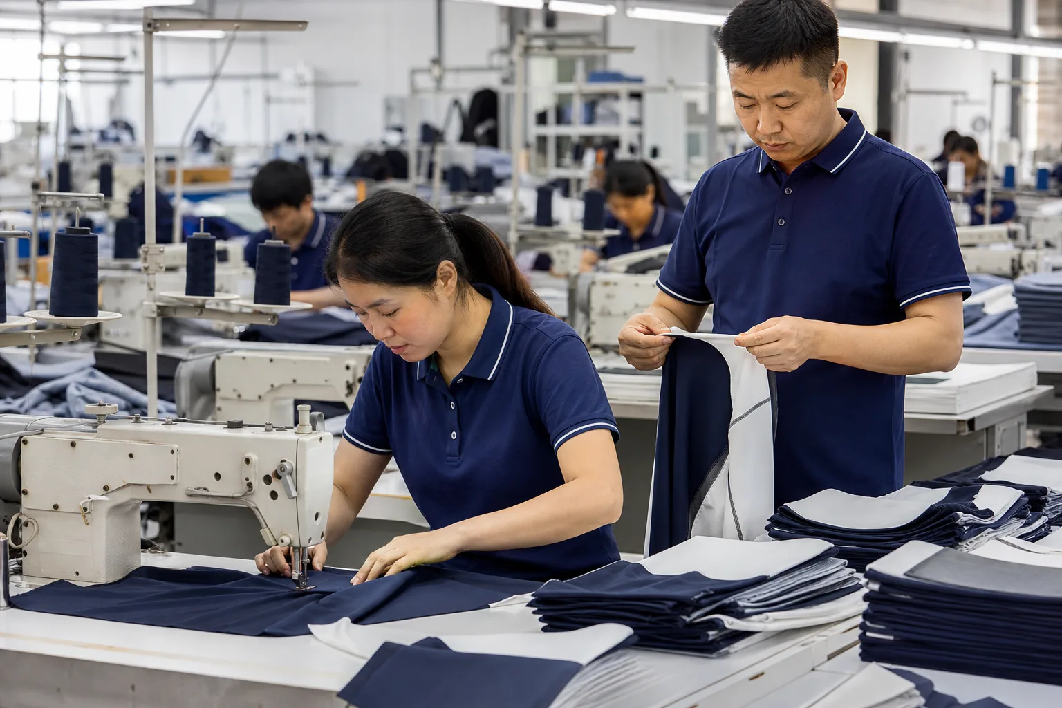 Production line assembling custom golf apparel in a clean factory setting