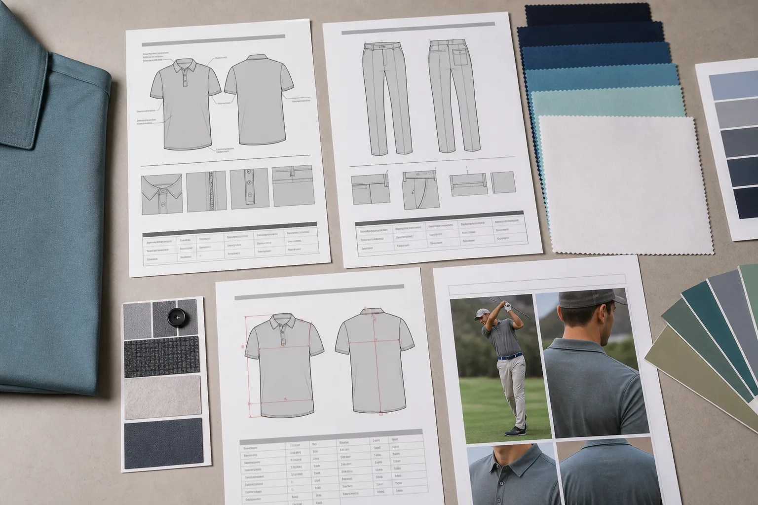 Golf apparel project brief materials prepared for quotation and sample review