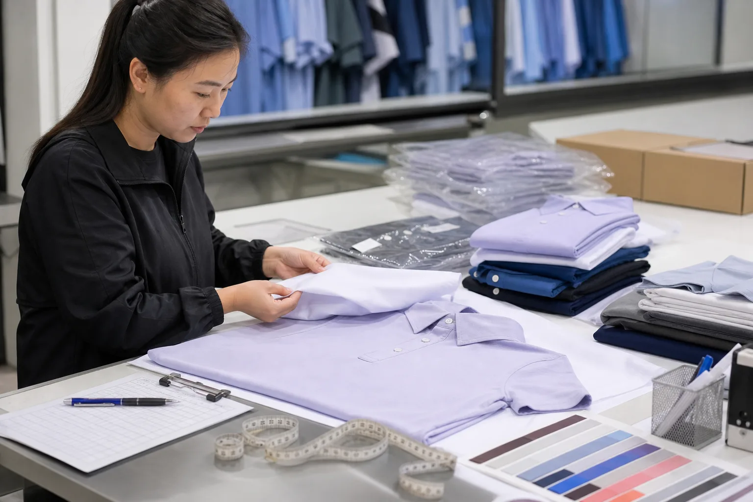 Golf apparel inspection table with garments, measuring tools, and packing materials