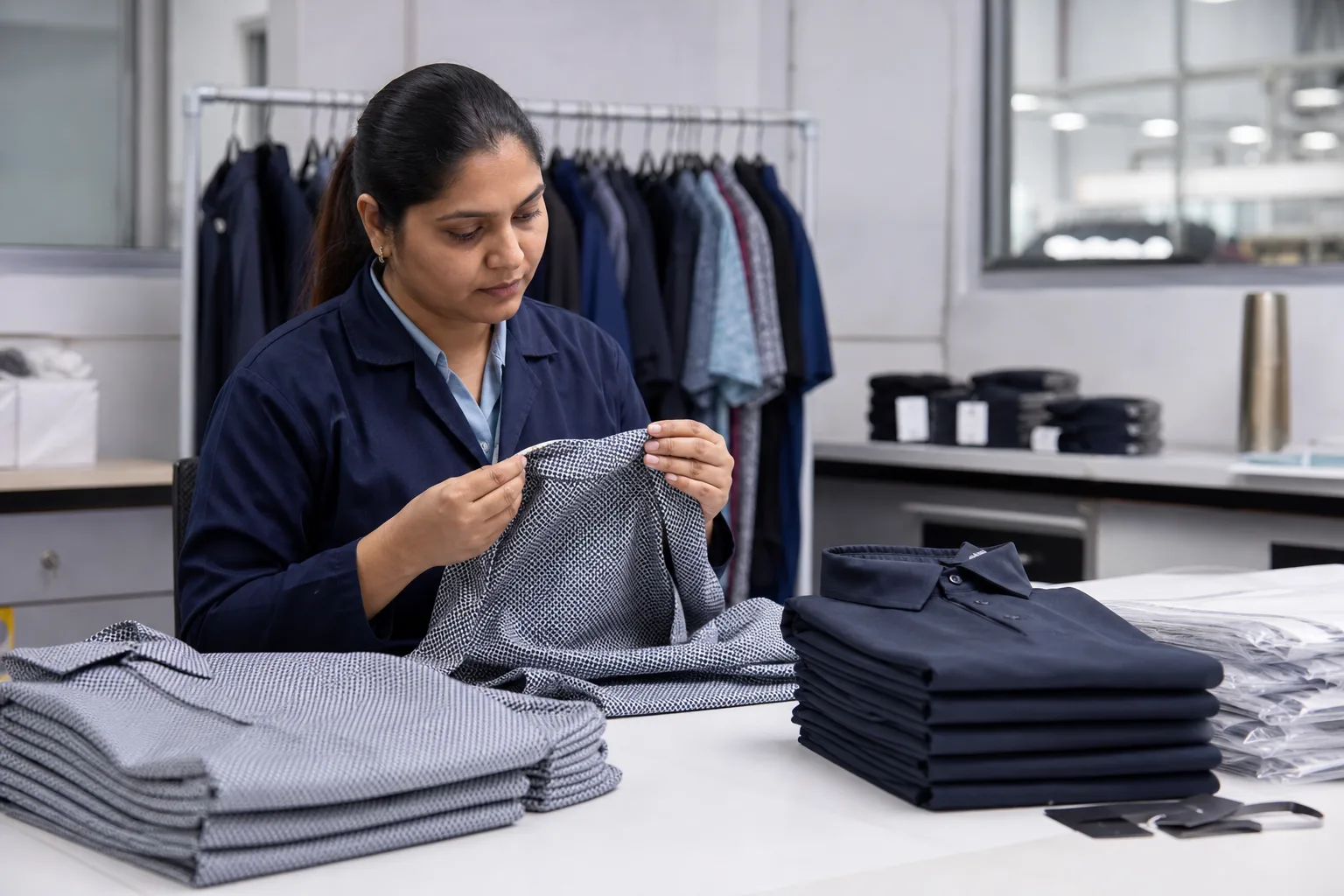 Inspection of custom golf apparel measurements and finishing before packing