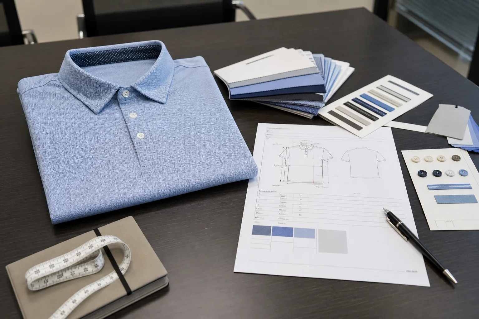 Approved golf polo sample beside new reorder notes and fabric swatches