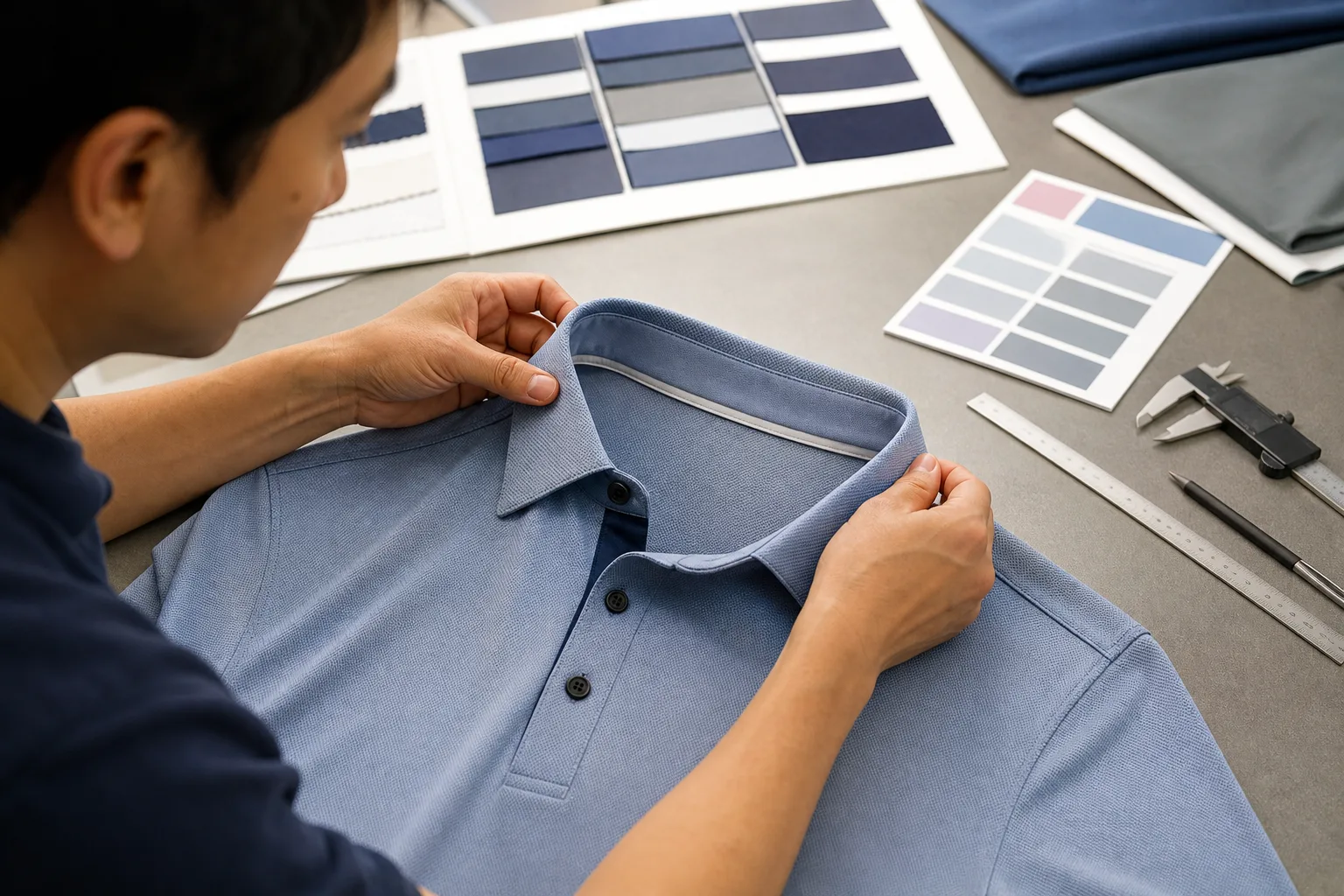 Technician reviewing a golf polo sample with measurement tools and swatches