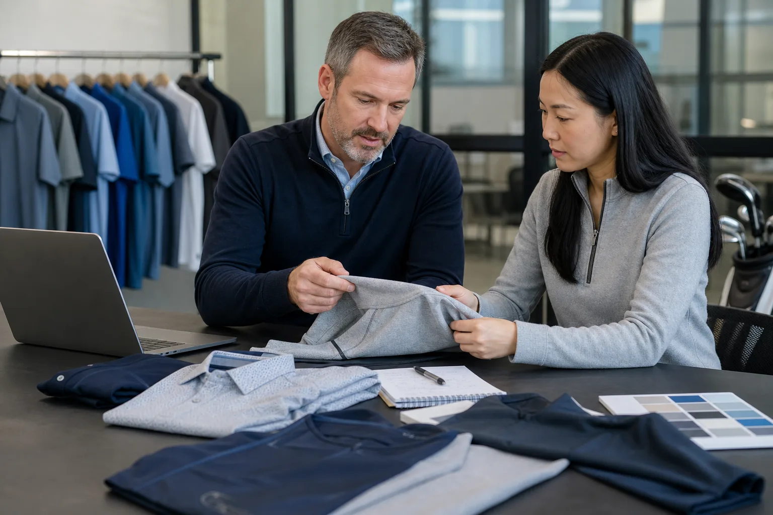 Team reviewing golf apparel samples and fabric swatches before ordering