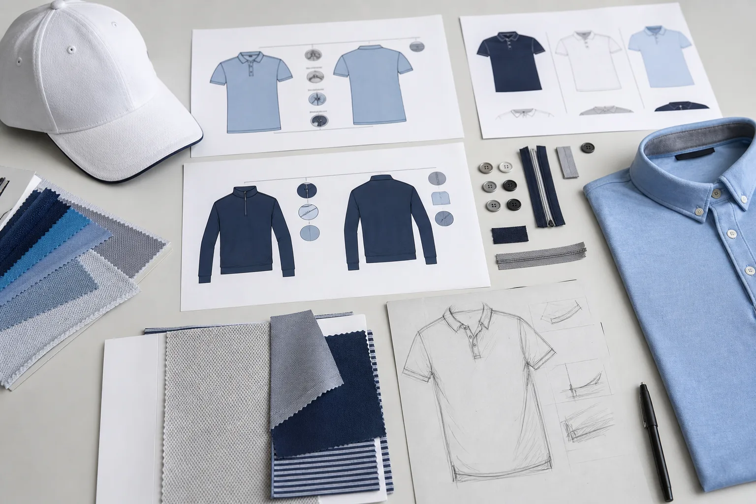 Tech pack, fabric swatches, trims, and sketch for a golf apparel order