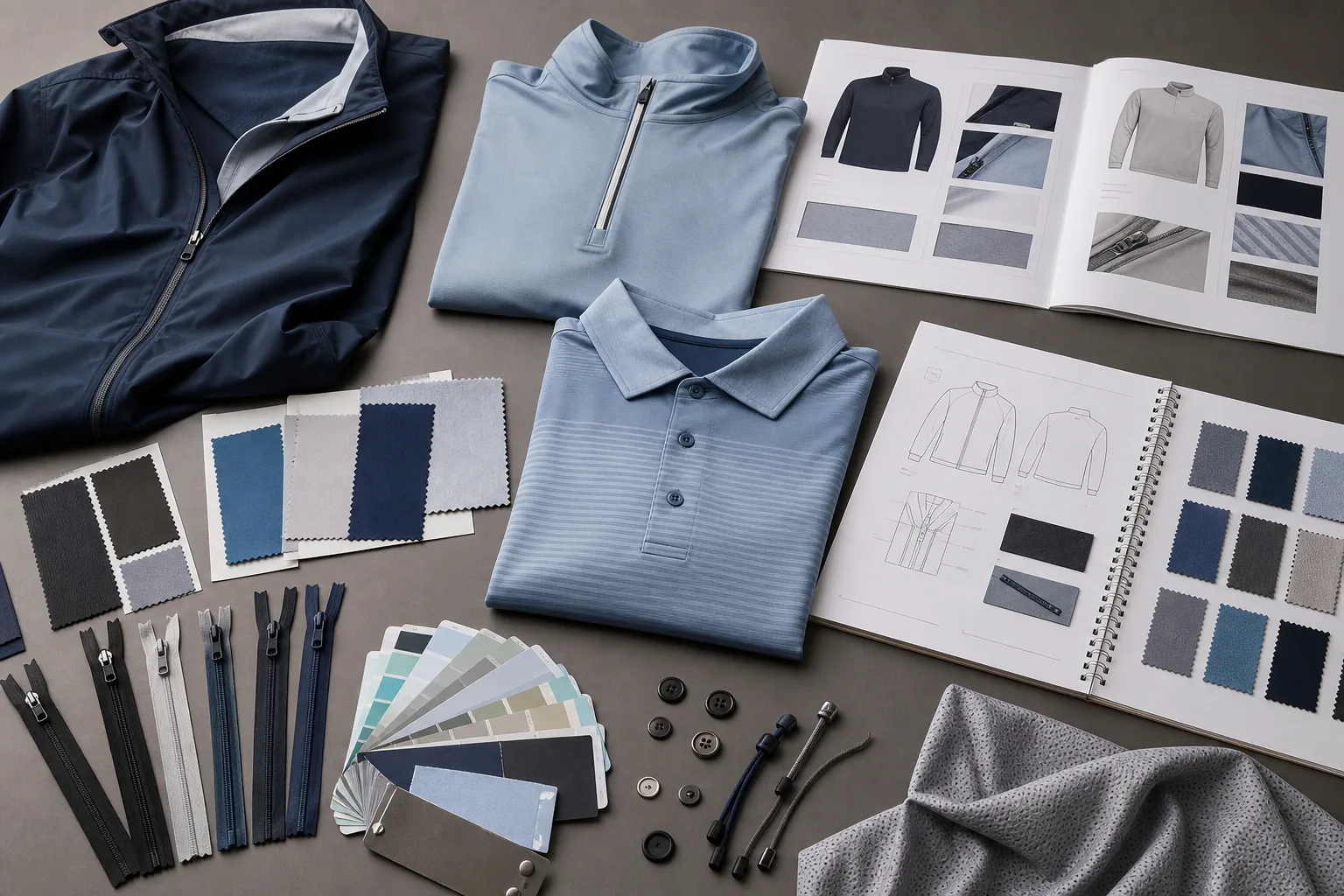 Golf apparel samples, swatches, and spec sheets arranged for planning