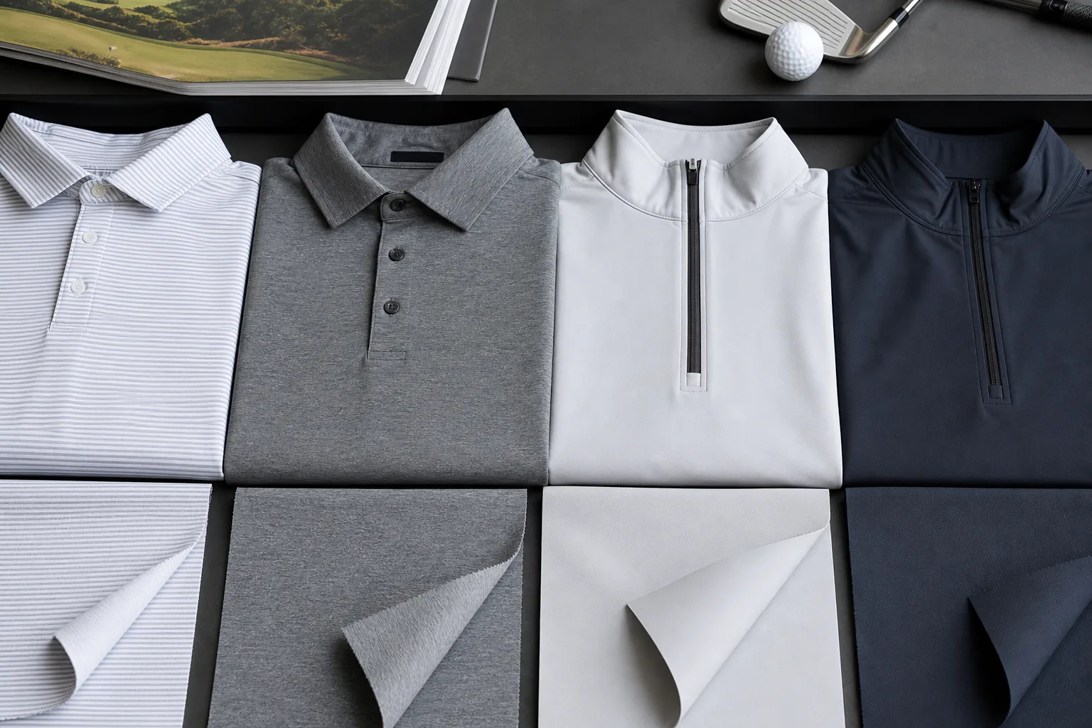 Golf fabric directions displayed through sample garments and swatches