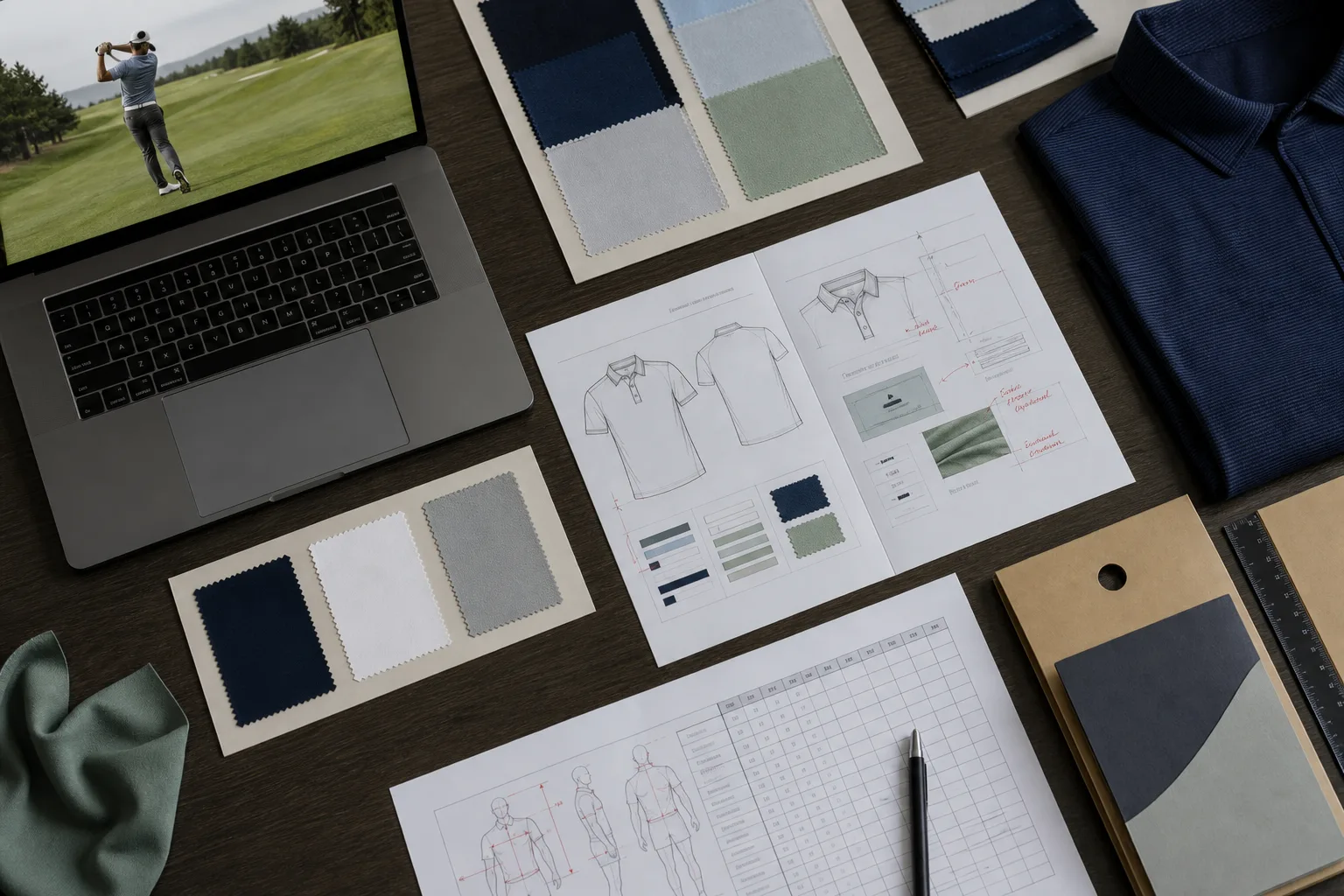 Organized golf apparel communication materials on a tidy project desk