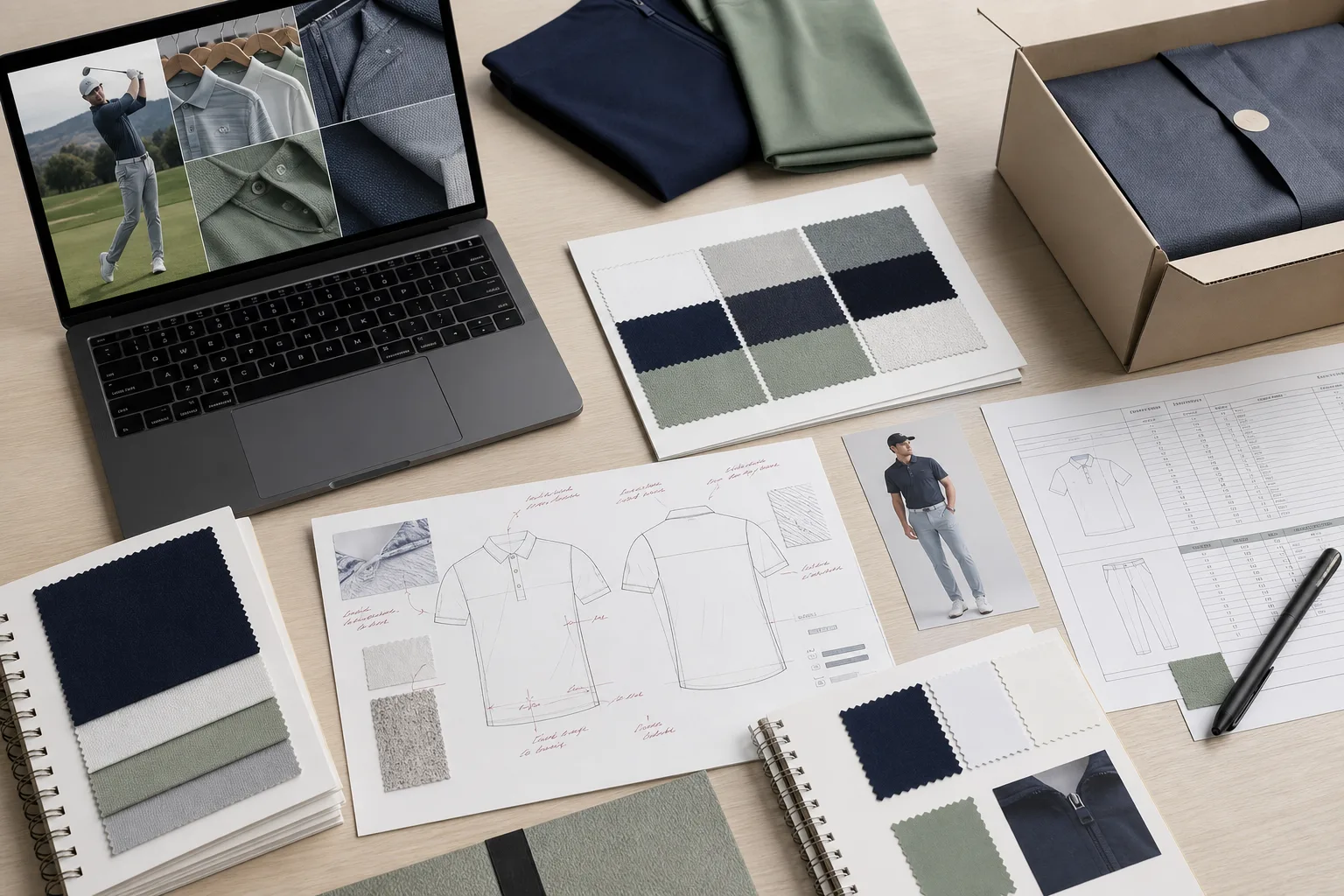 Organized golf apparel communication materials on a tidy project desk
