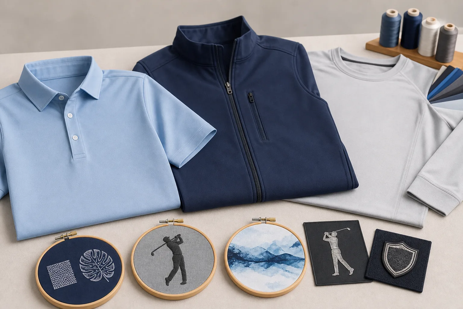 Golf apparel garments arranged to compare different decoration methods