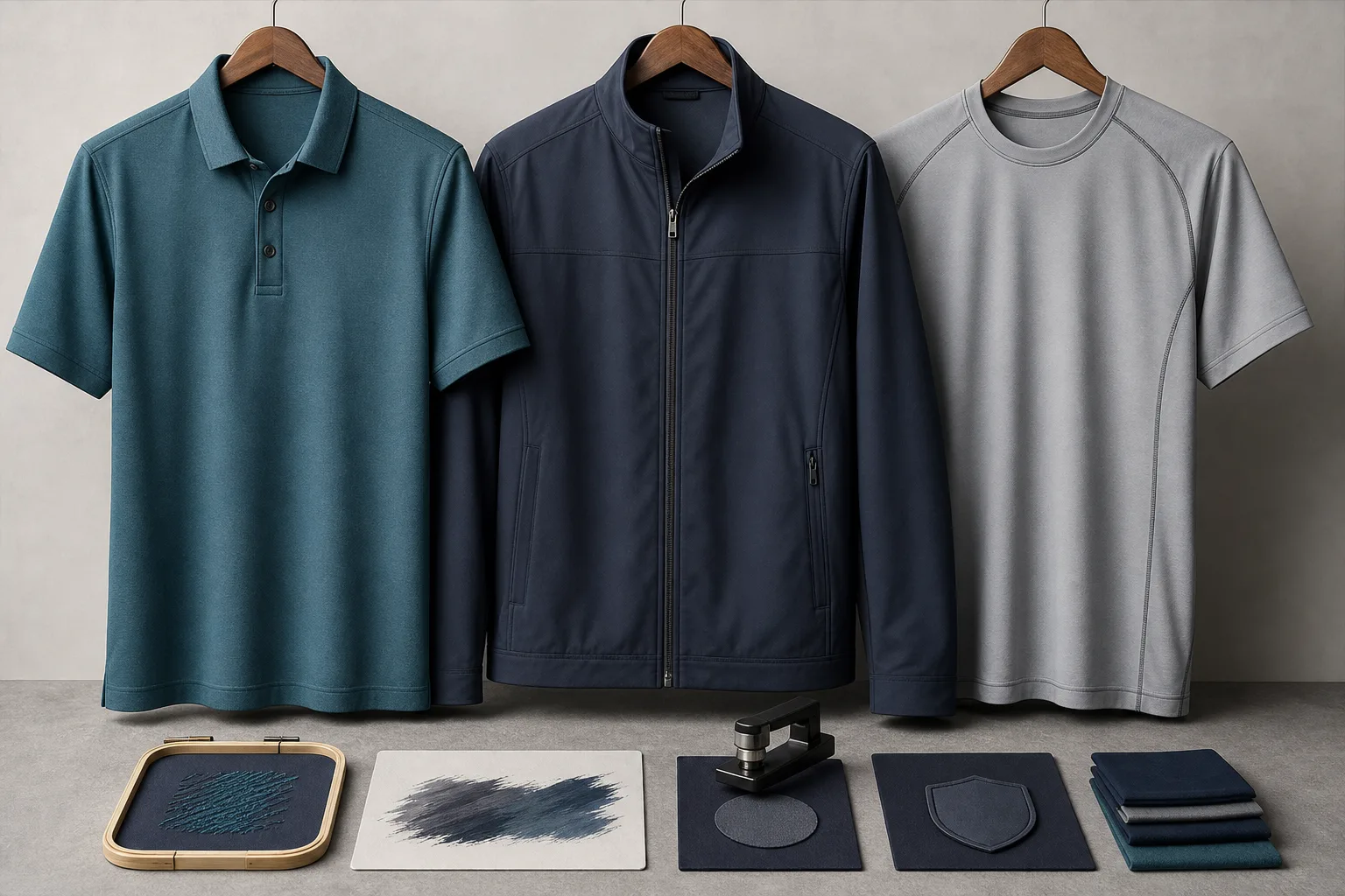 Golf apparel garments arranged to compare different decoration methods