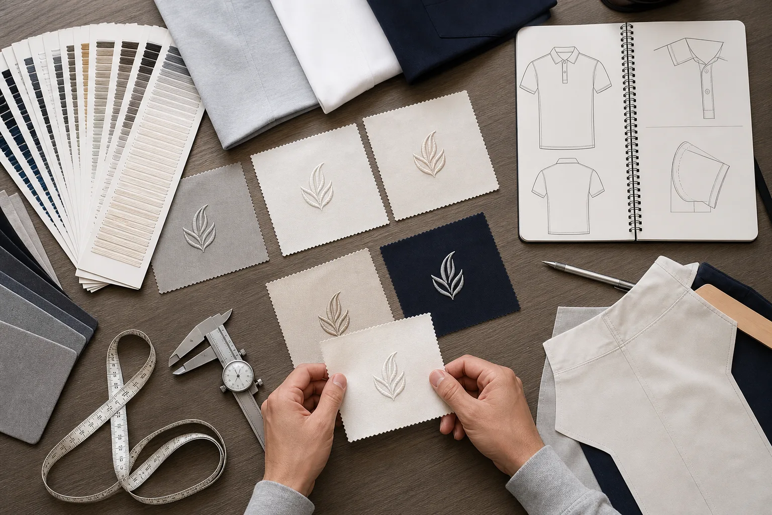 Embroidery sampling and logo placement review for golf apparel
