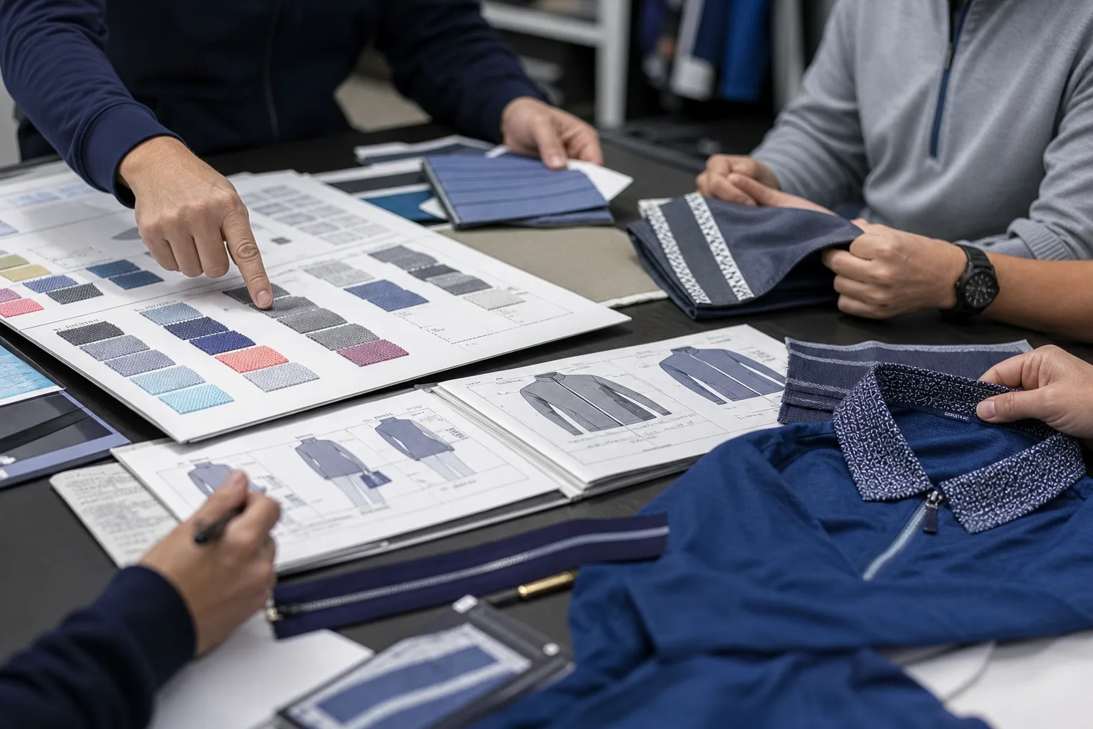 Development team reviewing golf fabric approvals before production