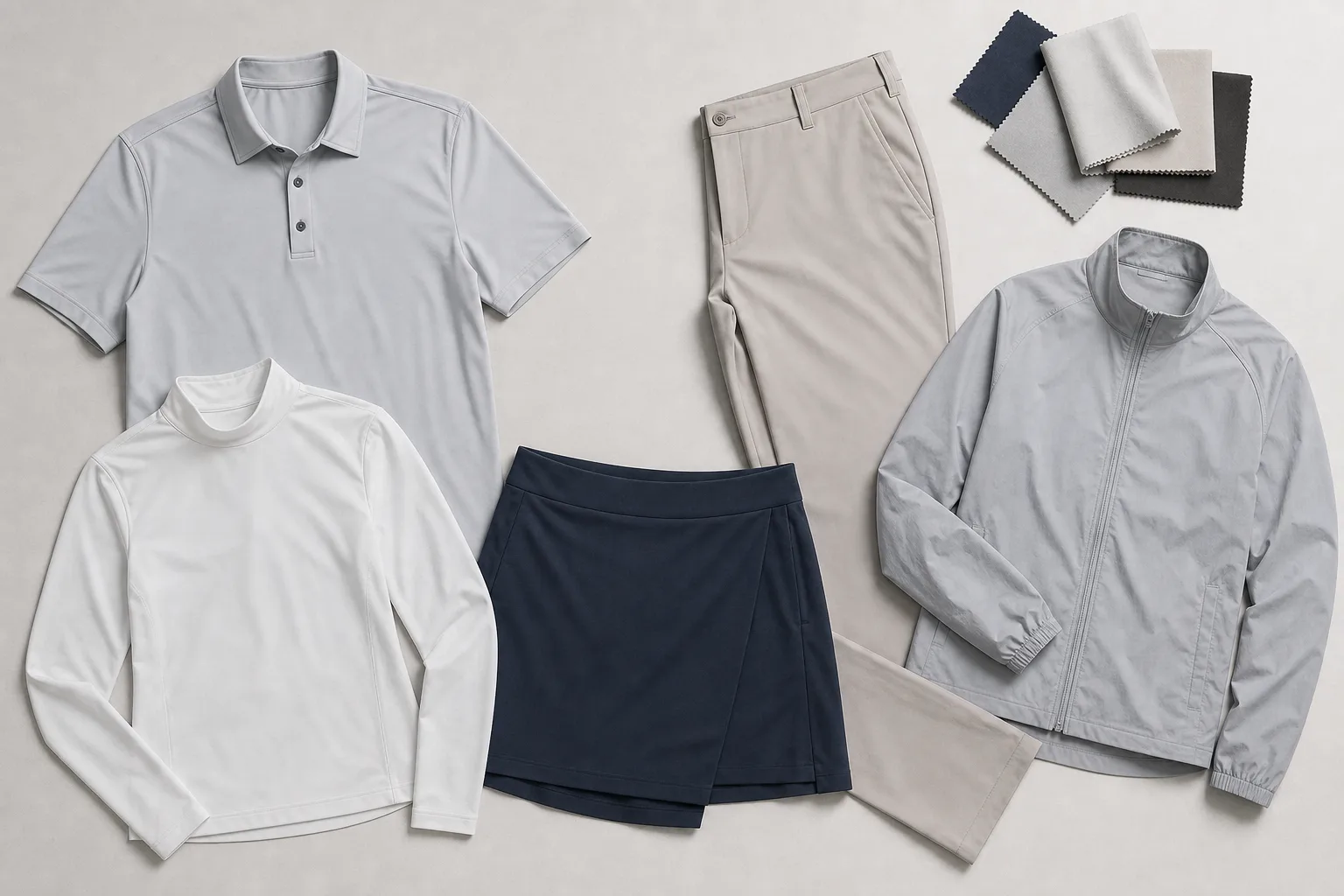 Unbranded golf garments showing different fabric applications by product type