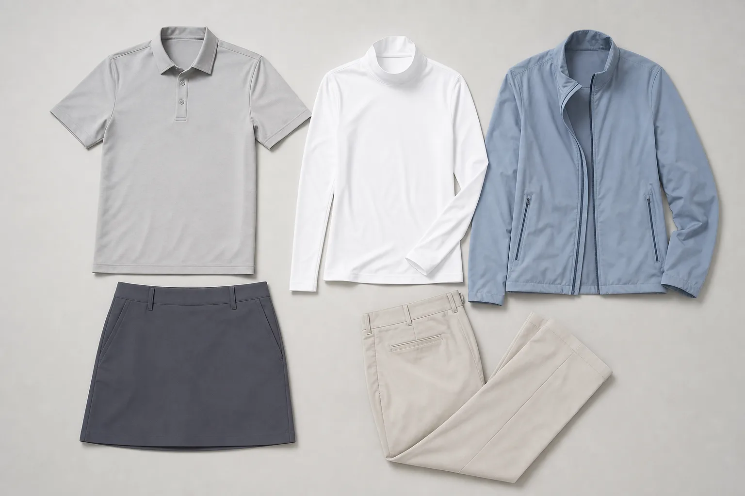 Unbranded golf garments showing different fabric applications by product type