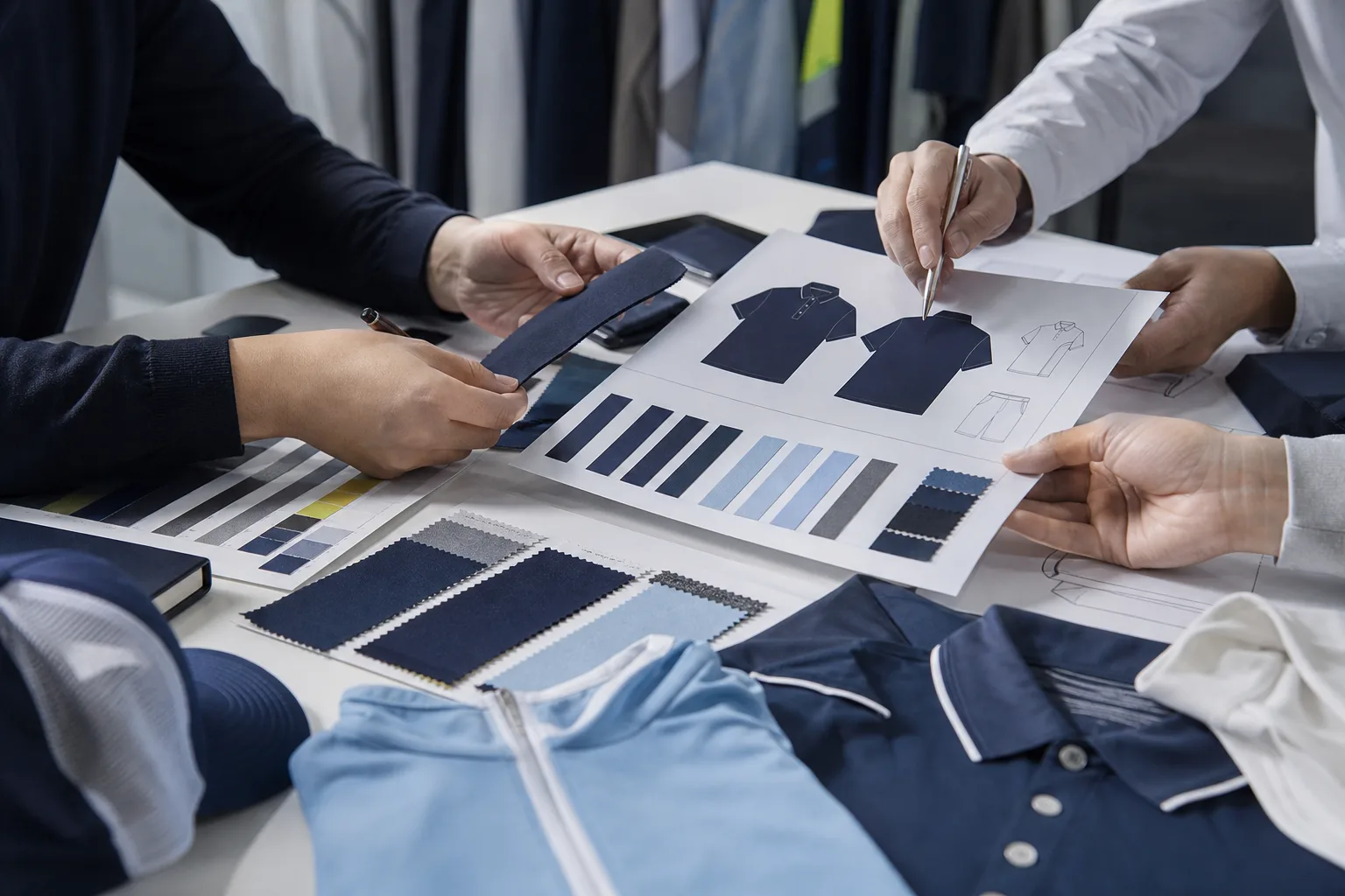 Team comparing golf fabric swatches and specification sheets