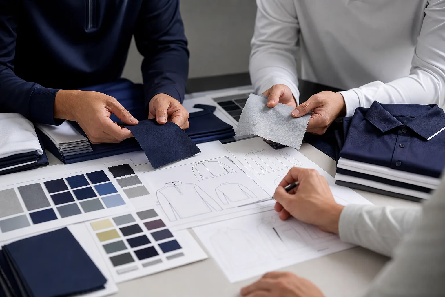 Team comparing golf fabric swatches and specification sheets