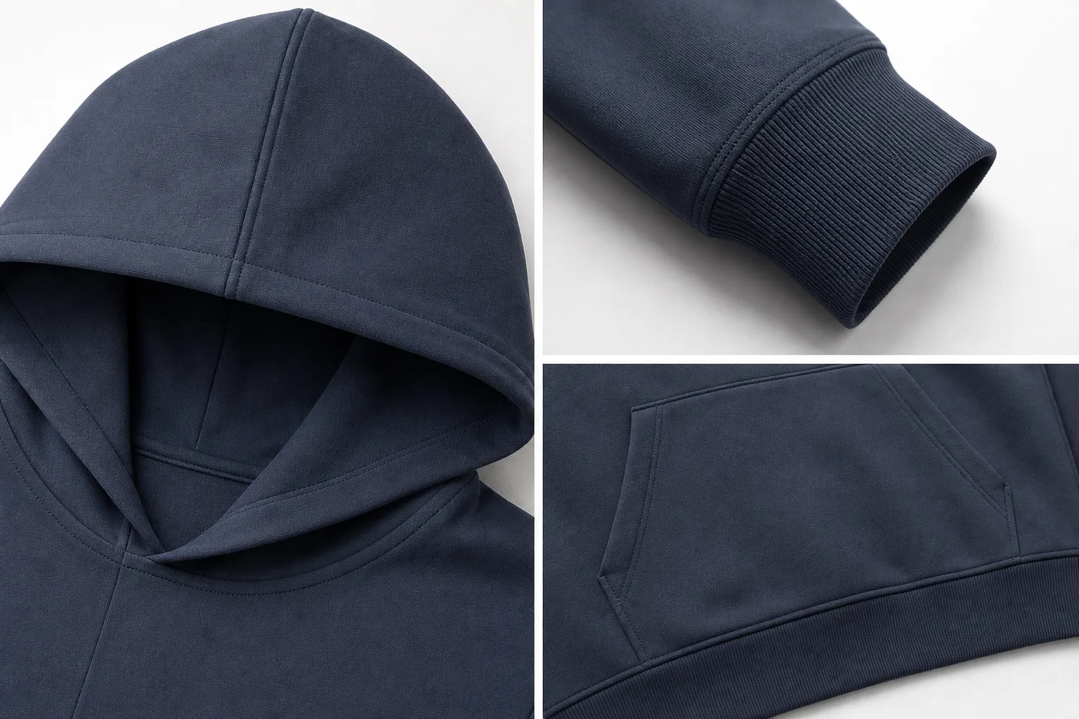 Close-up of golf hoodie hood, cuff, and pocket construction