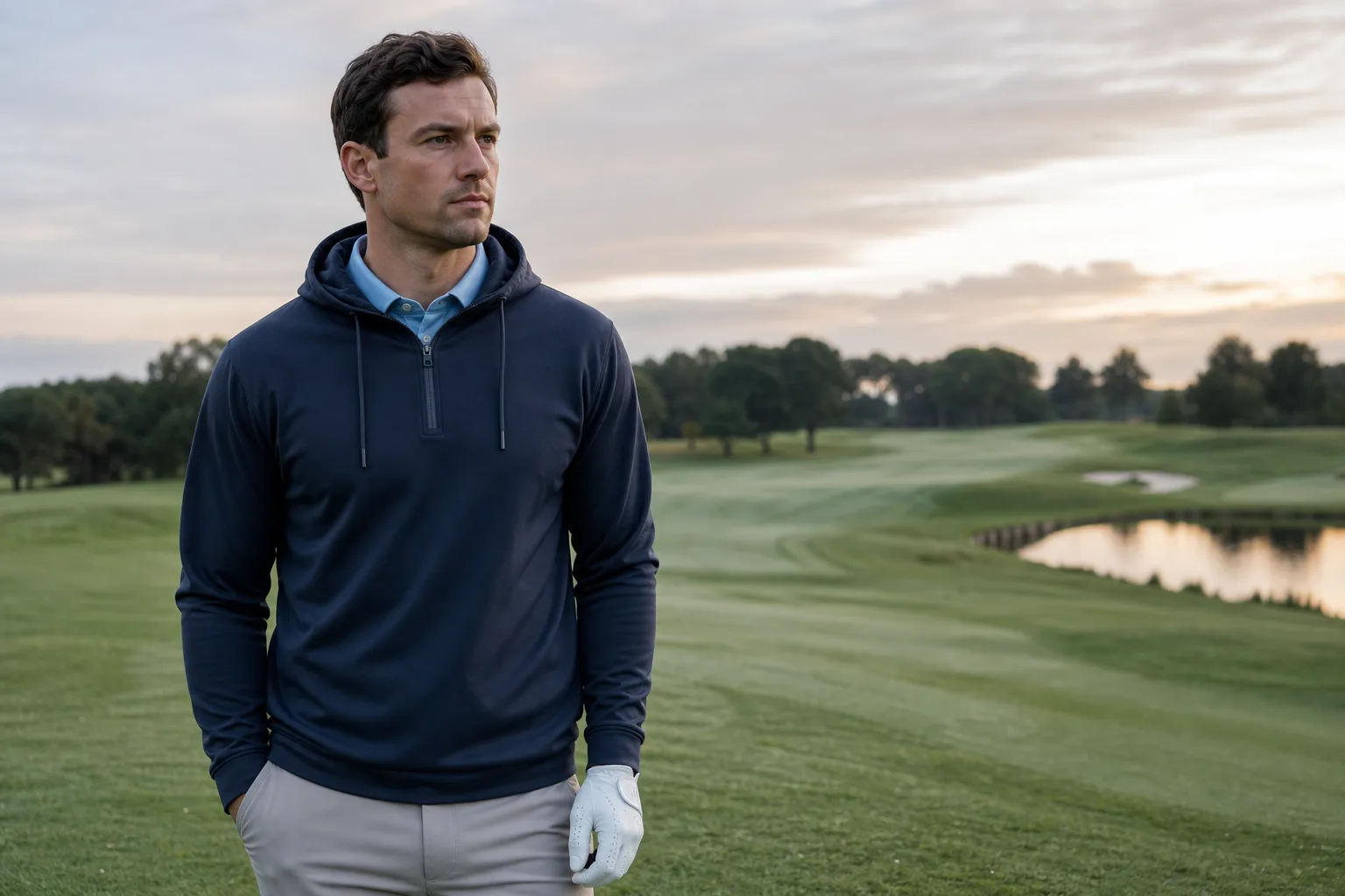 Model wearing a custom golf hoodie on a cool golf course morning