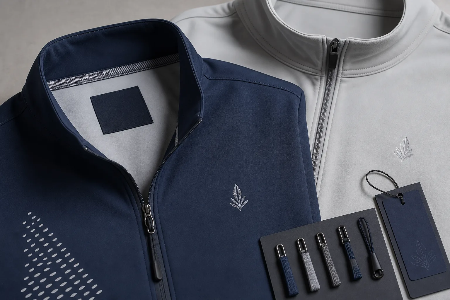Golf jacket branding details with logo, label, and trim samples