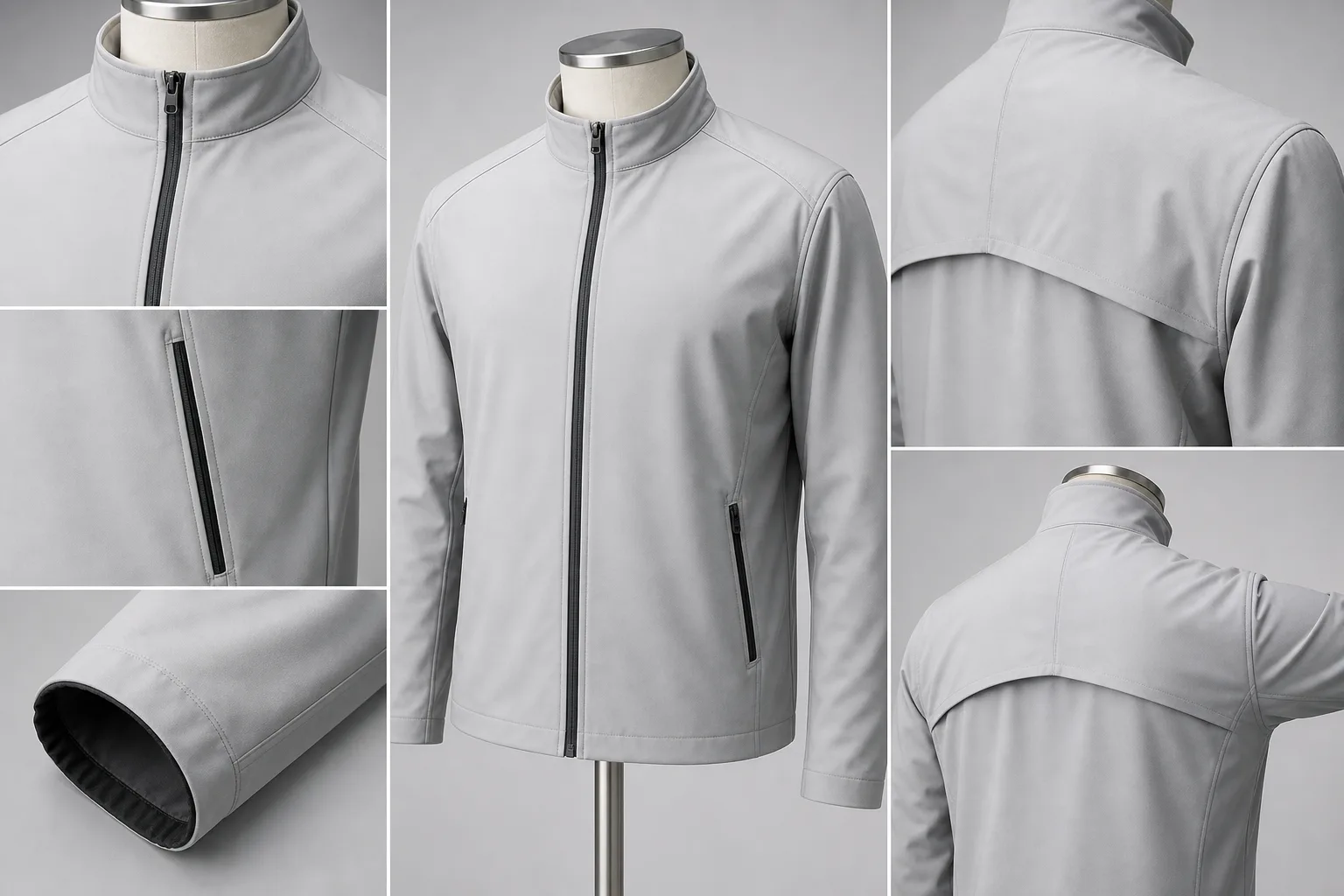 Technical close-up of golf jacket zipper, pockets, and collar details