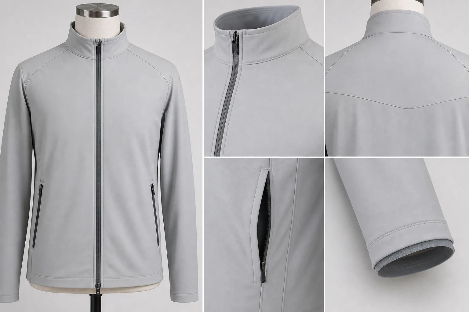Technical close-up of golf jacket zipper, pockets, and collar details