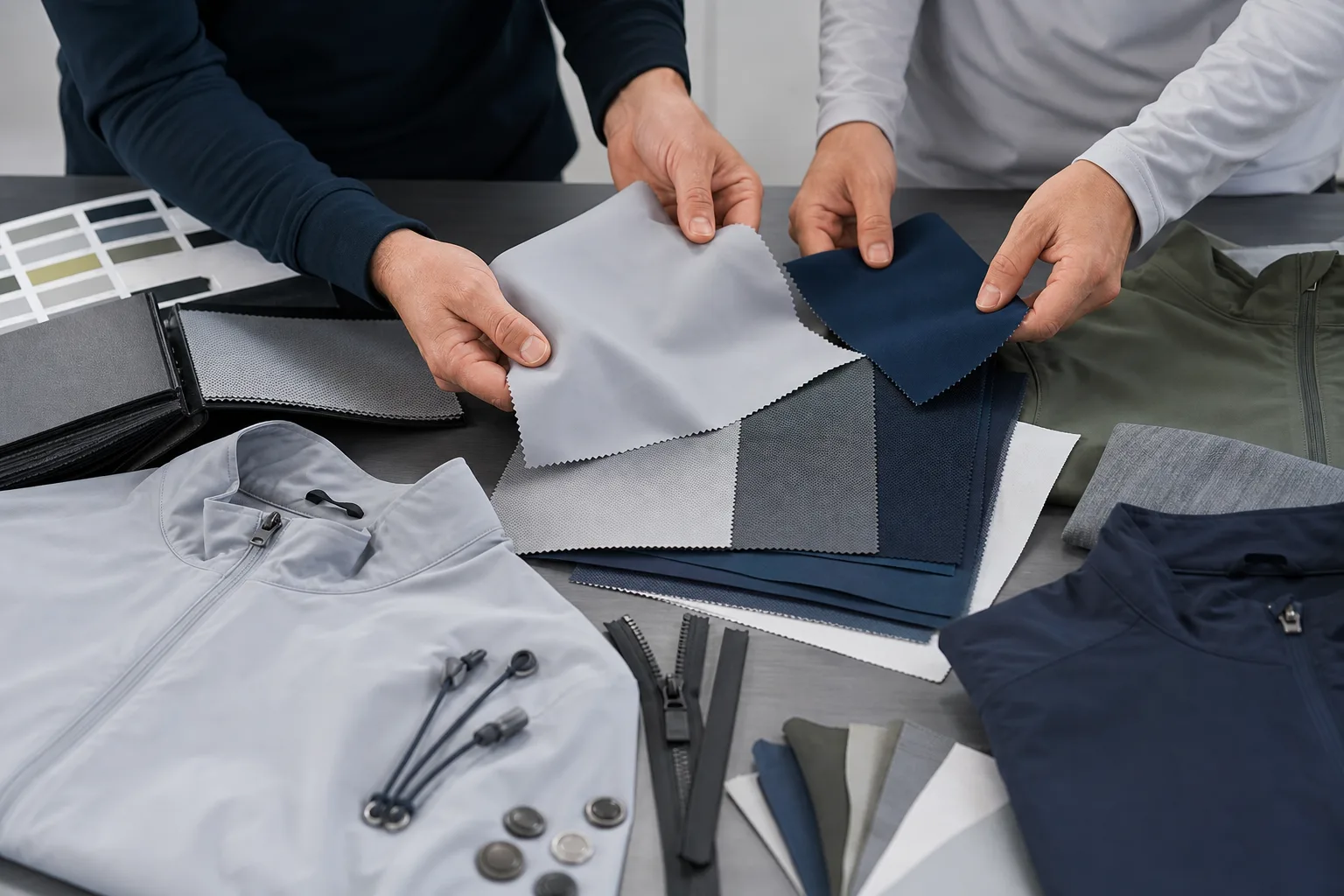 Golf jacket fabric swatches with woven, stretch, and lined materials