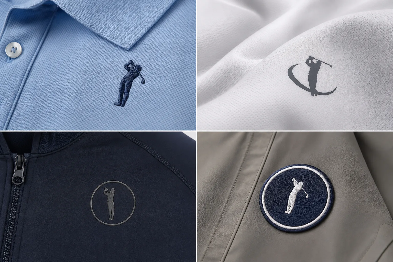 Macro views of embroidery, printing, heat-applied logo, and patch on golf apparel