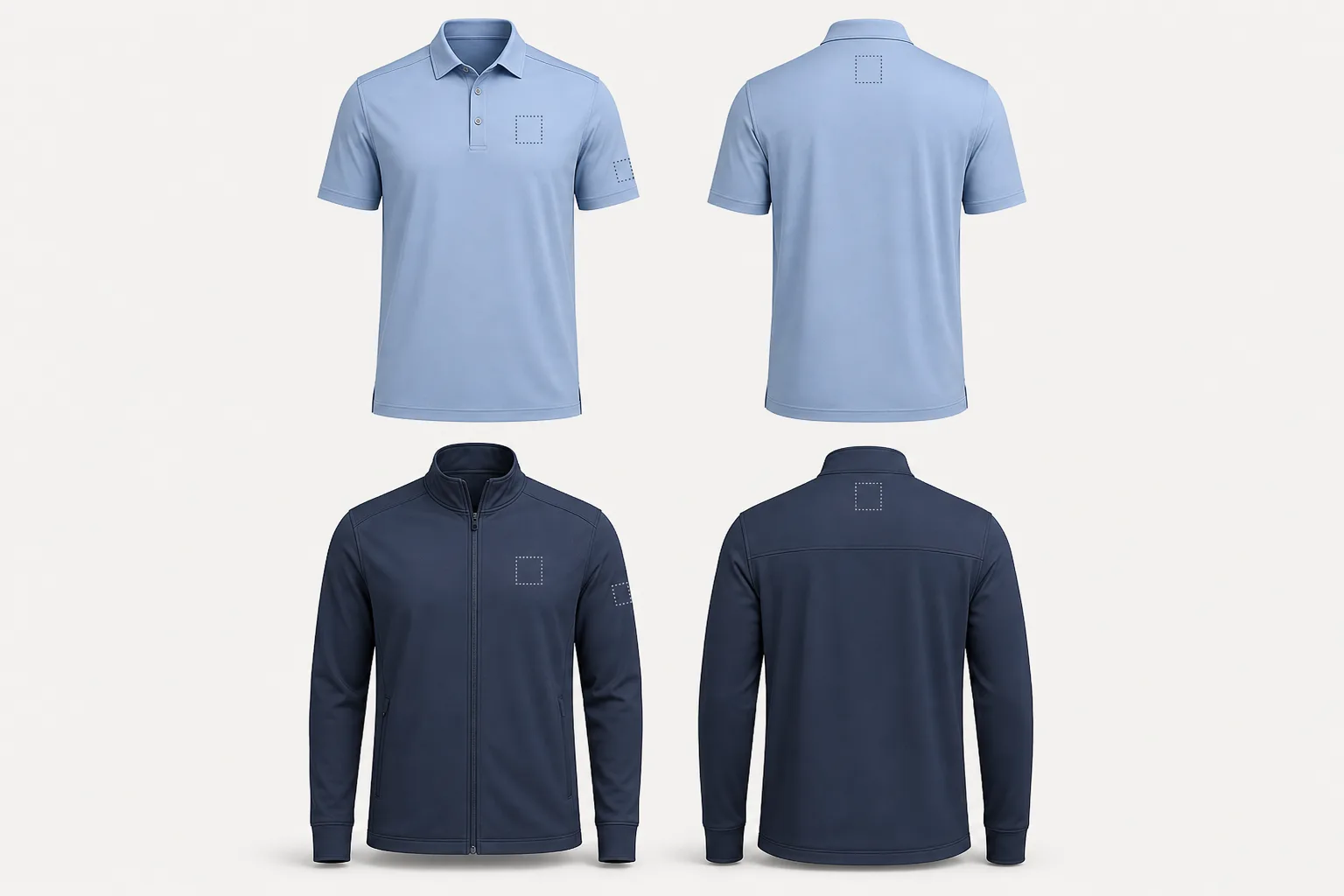 Golf polo and jacket showing common logo placement zones