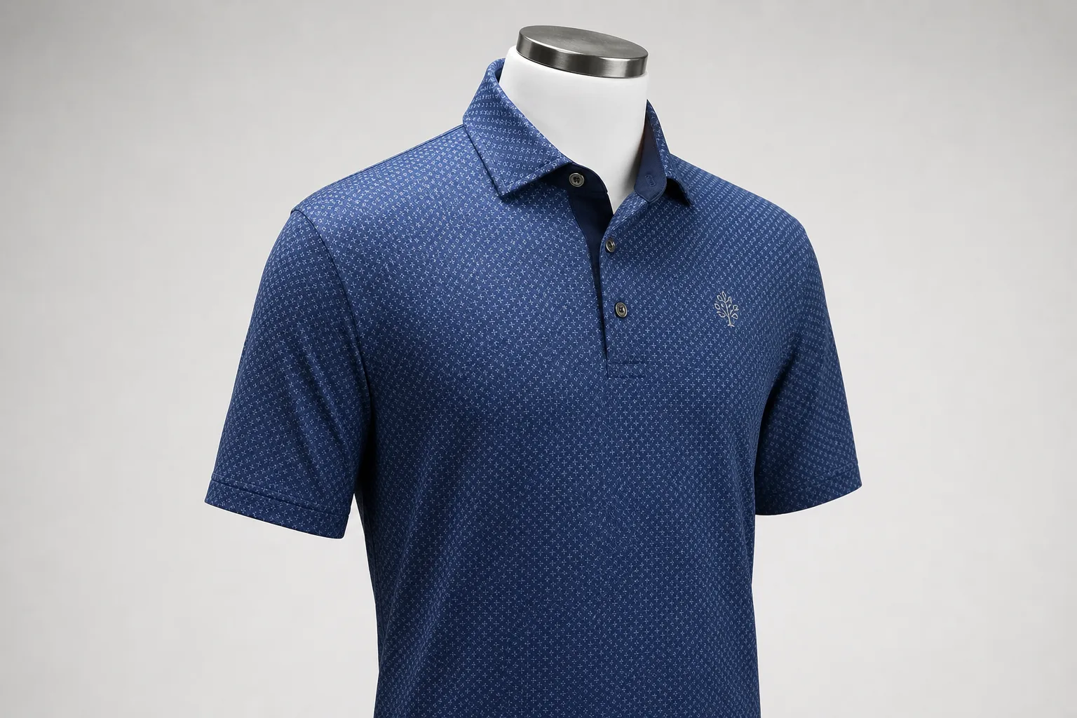 Golf polo sample showing embroidery placement and collar construction