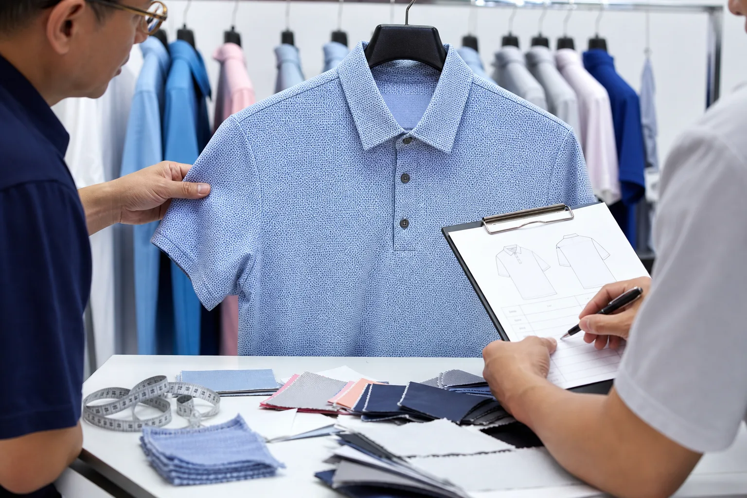 Golf polo sample review with measurements and fabric swatches