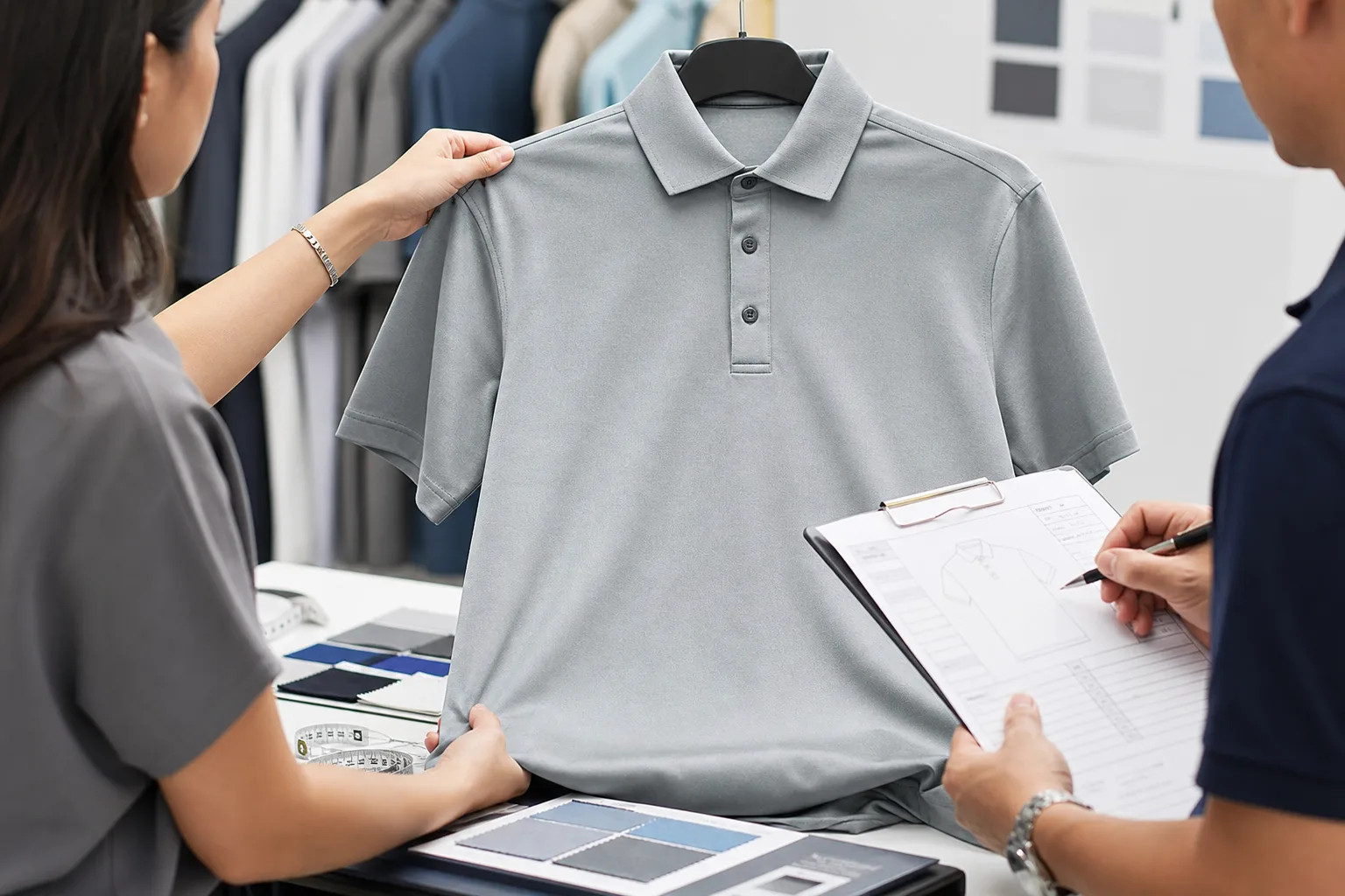 Golf polo sample review with measurements and fabric swatches