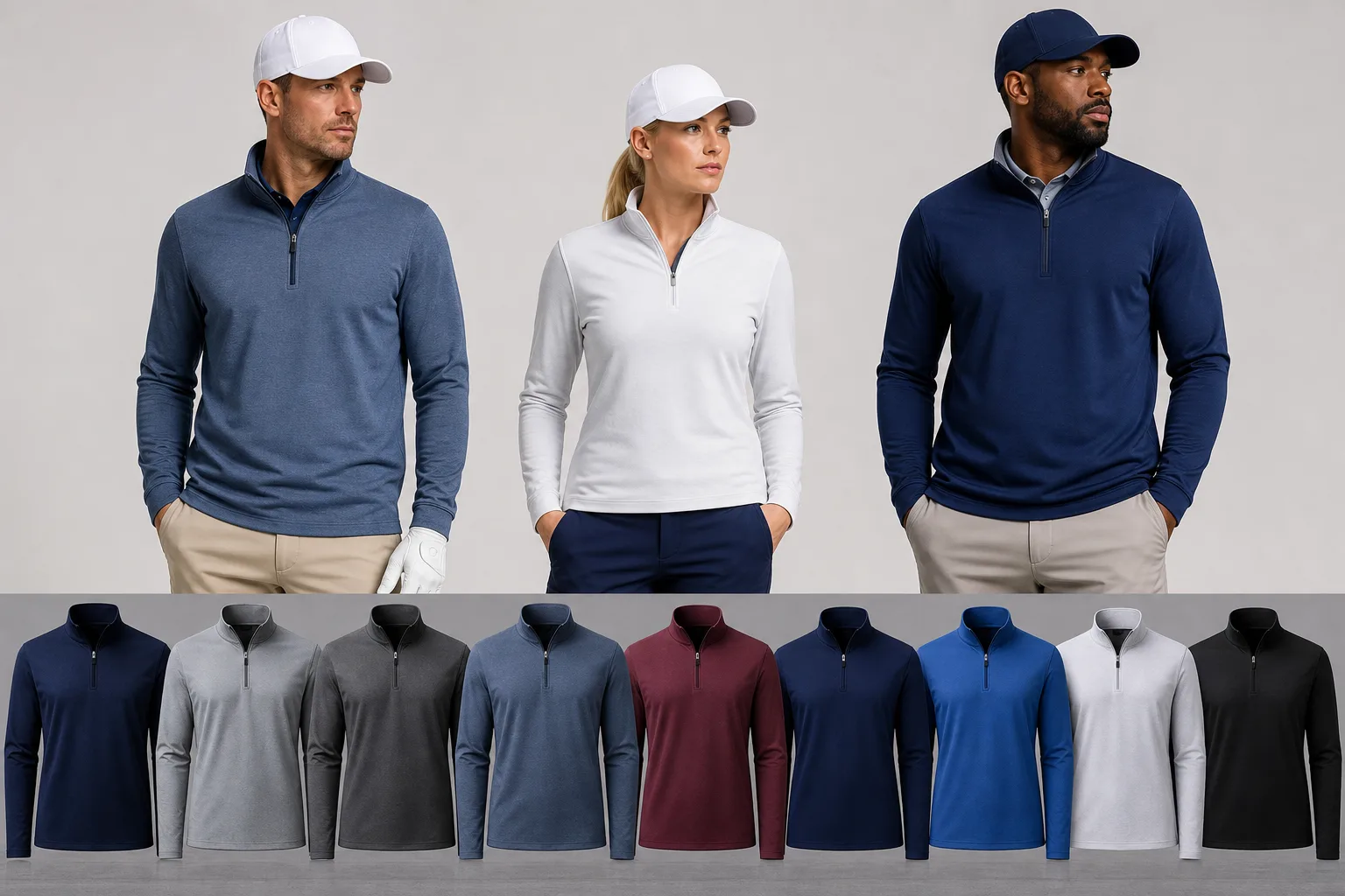 Quarter-zip pullovers presented with different fit directions for golf programs