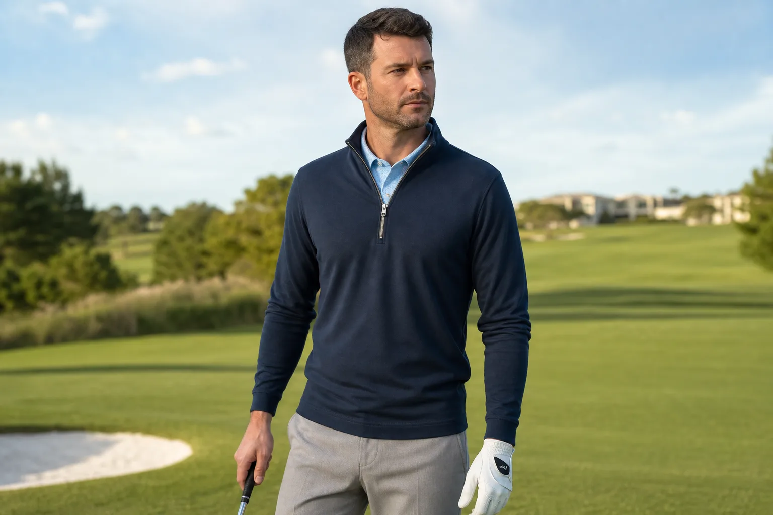 Custom golf quarter-zip pullover layered over a polo on a golf course