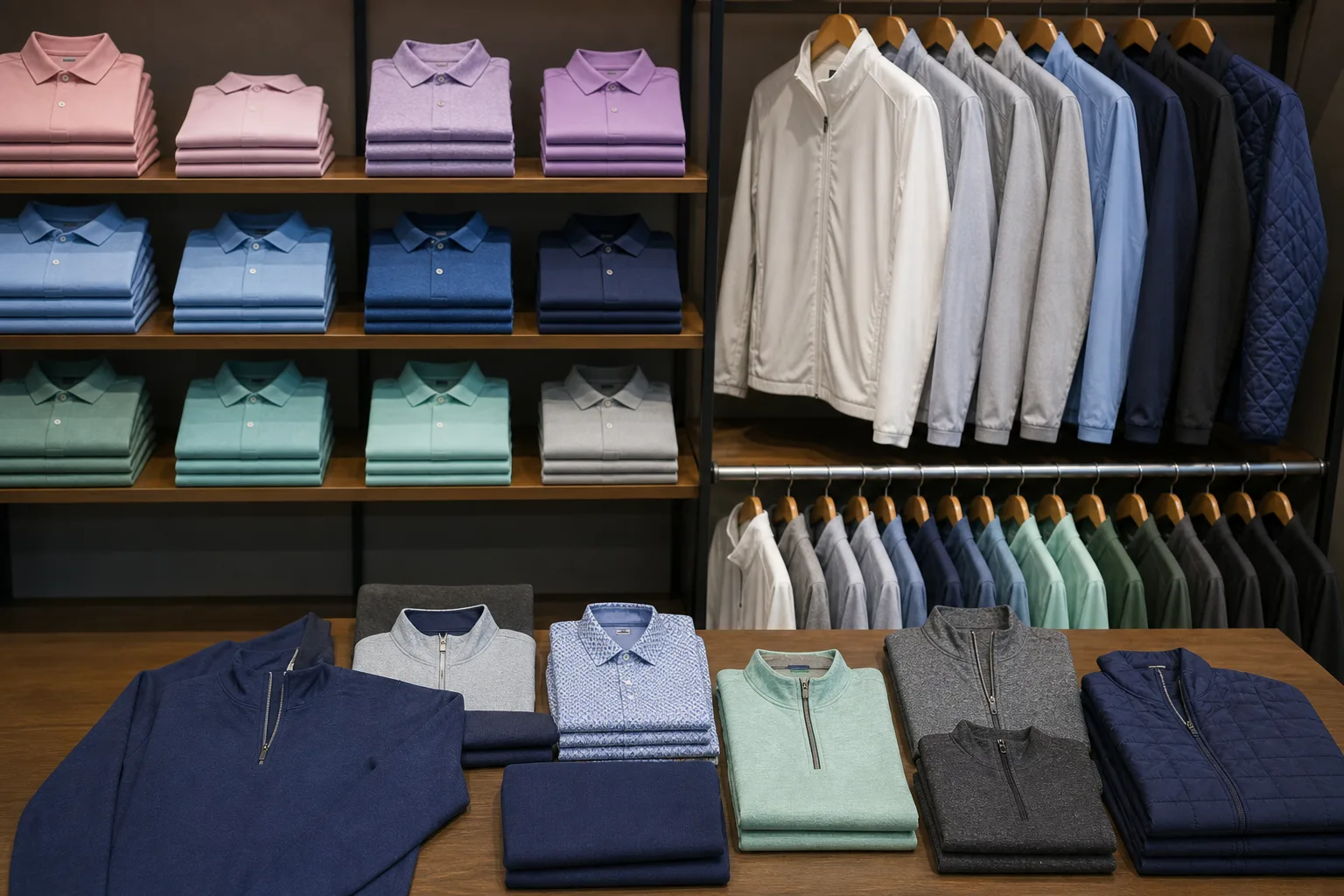 Golf apparel arranged for a retail buying assortment