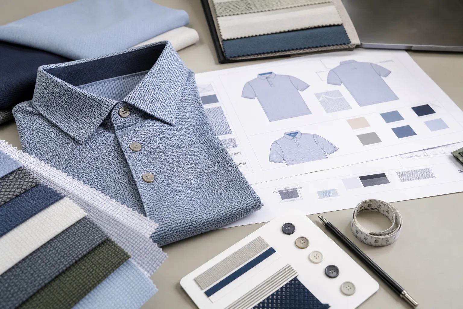 Golf apparel sampling workspace with spec sheets and fabric swatches