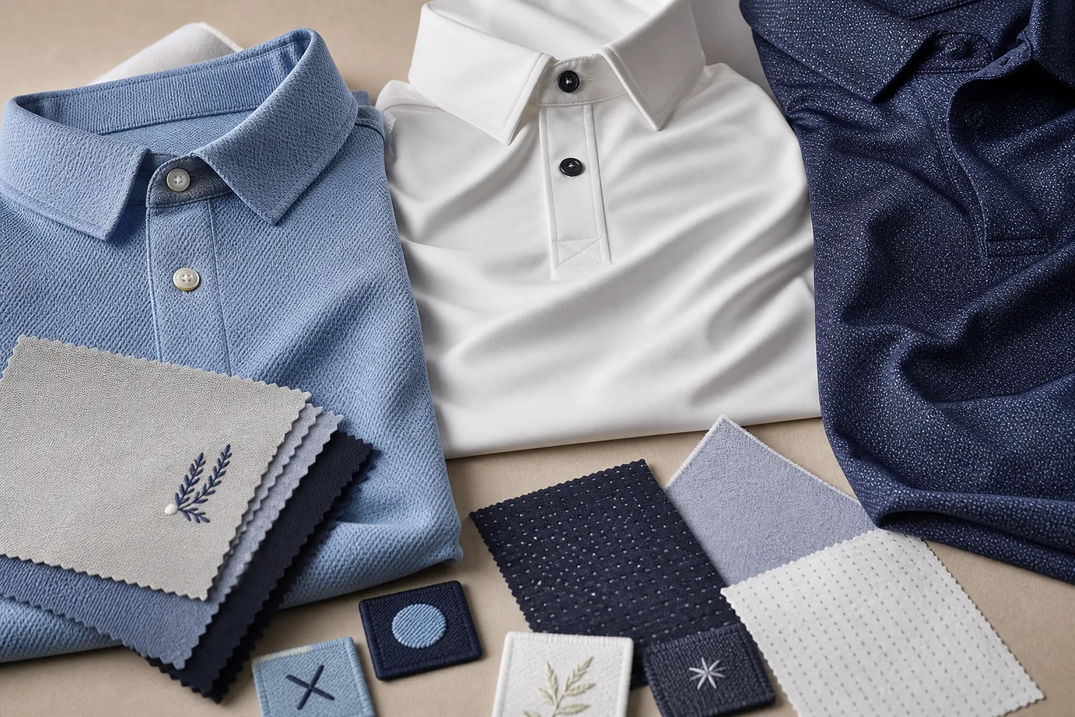 Golf shirt fabric swatches with embroidery and printing sample patches
