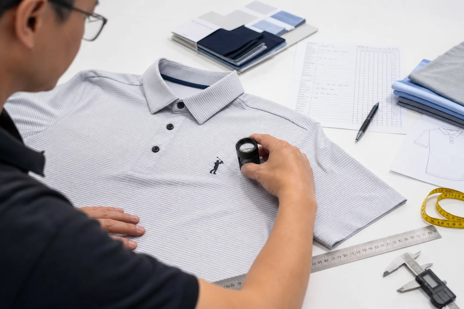 Golf shirt sample being checked for logo placement and print quality